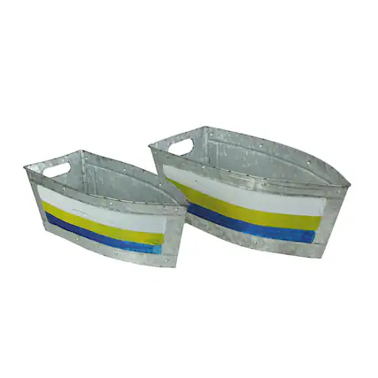 Front. Zeckos - Set of 2 Galvanized Metal Boat Planter Flower Tub Indoor Outdoor Plant Pot - Multicolored.
