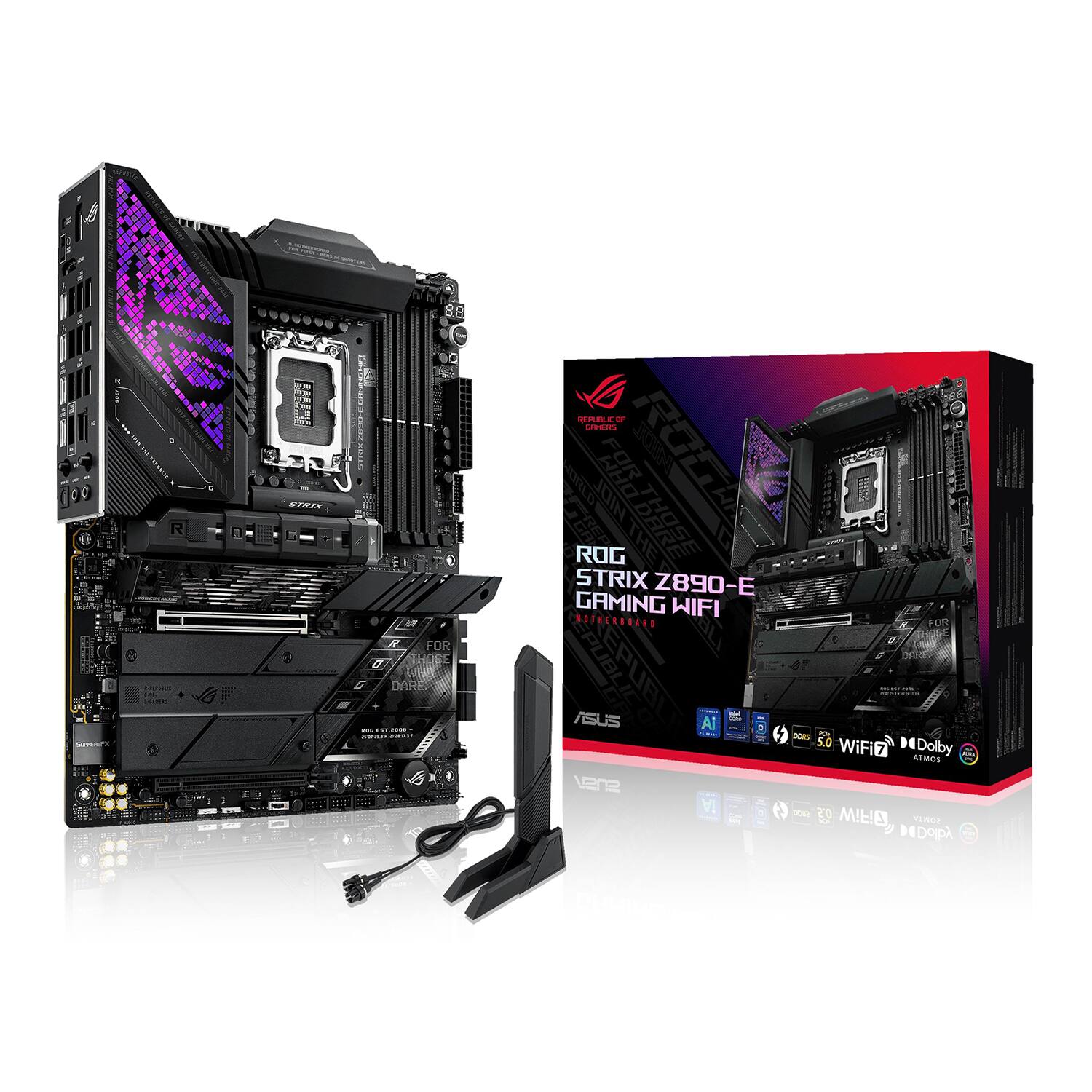 ROG STRIX Z890-E GAMING WIFI  
FOR THOSE WHO DARE  

ASUS  
AI  
5.0 WiFi  
Dolby ATMOS  
20 MILIE  

REPUBLIC OF GAMERS