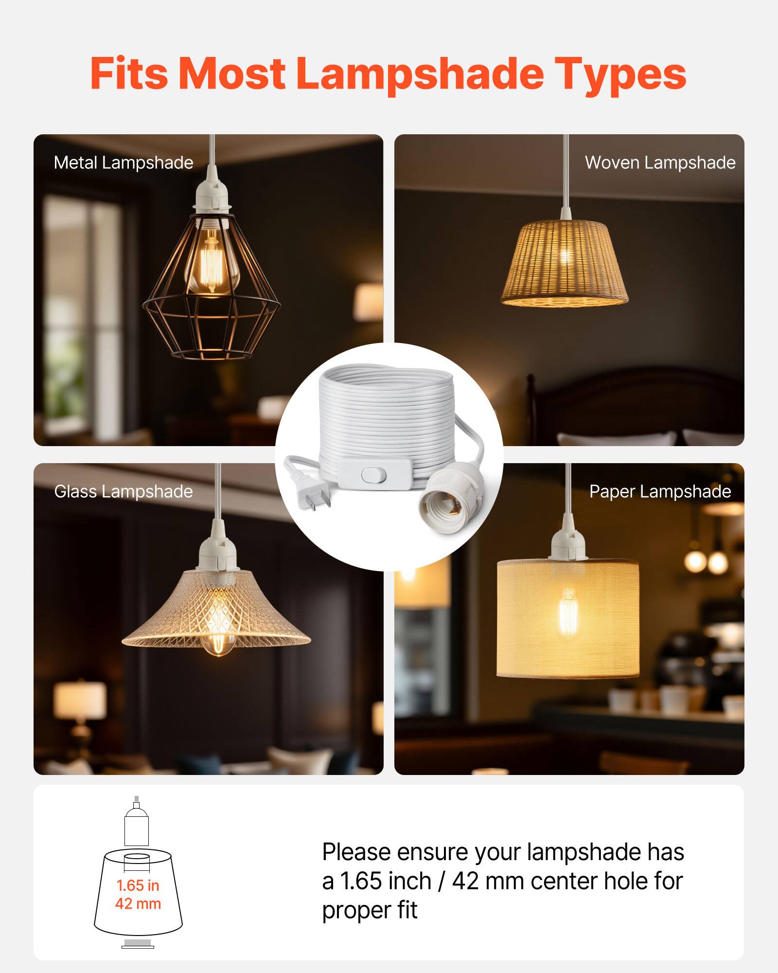 Fits Most Lampshade Types

- Metal Lampshade
- Woven Lampshade
- Glass Lampshade
- Paper Lampshade

Please ensure your lampshade has a 1.65 inch / 42 mm center hole for proper fit