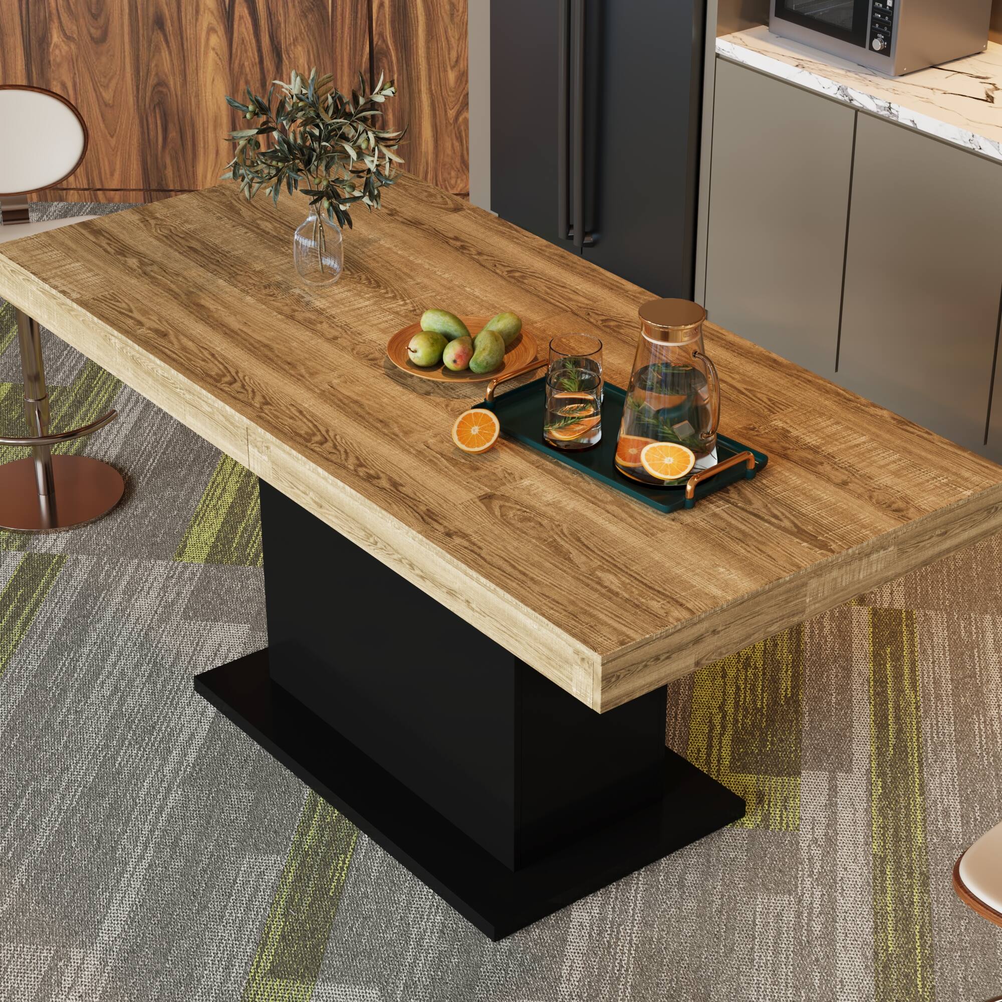 Back. FUFU&GAGA - Extendable Dining Table for 6-8, Wood Grain Kitchen Table with Black Base, Space-Saving Expandable Table for Home - Black & Wooden.
