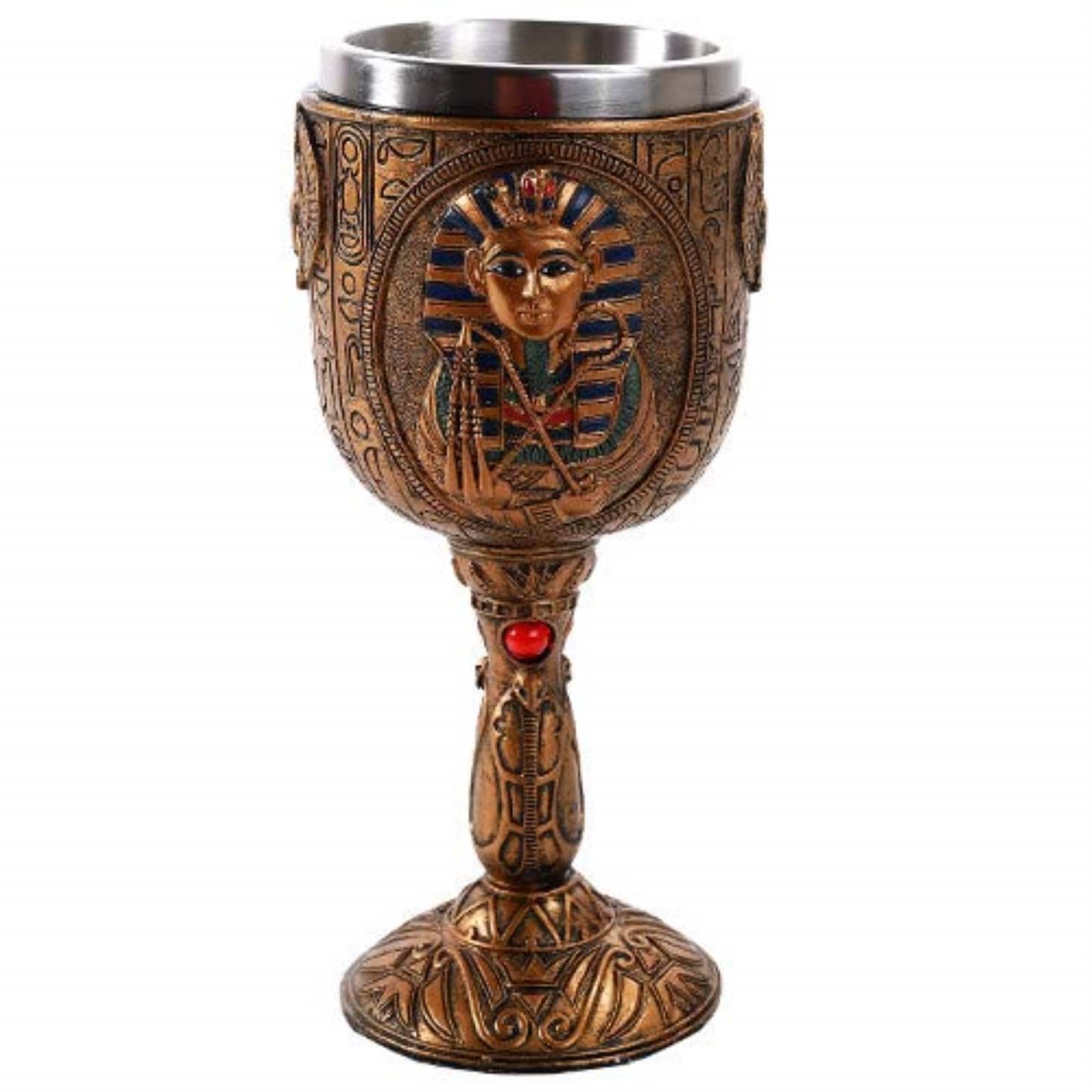 Pacific Trading - Egyptian Pharaoh King Tutankhamun Golden Wine Goblet Chalice Cup Resin Body Stainless Steel Cup 6 ounce - Gold