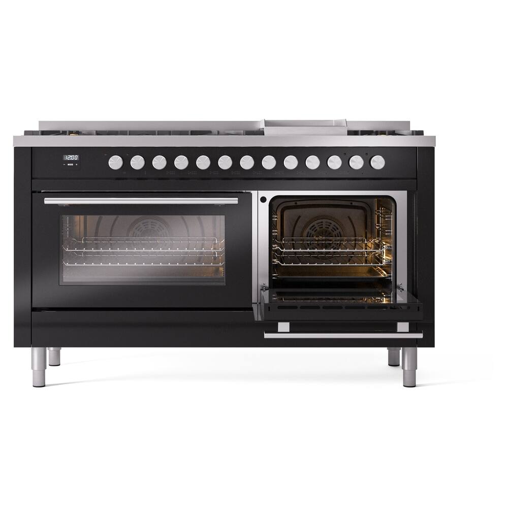 Alt View 3. ILVE - ILVE Professional Plus II Series 60 in. Dual Fuel Range with 7 Sealed Burners + Griddle (Natural Gas, Satin Trim) - Glossy Black.