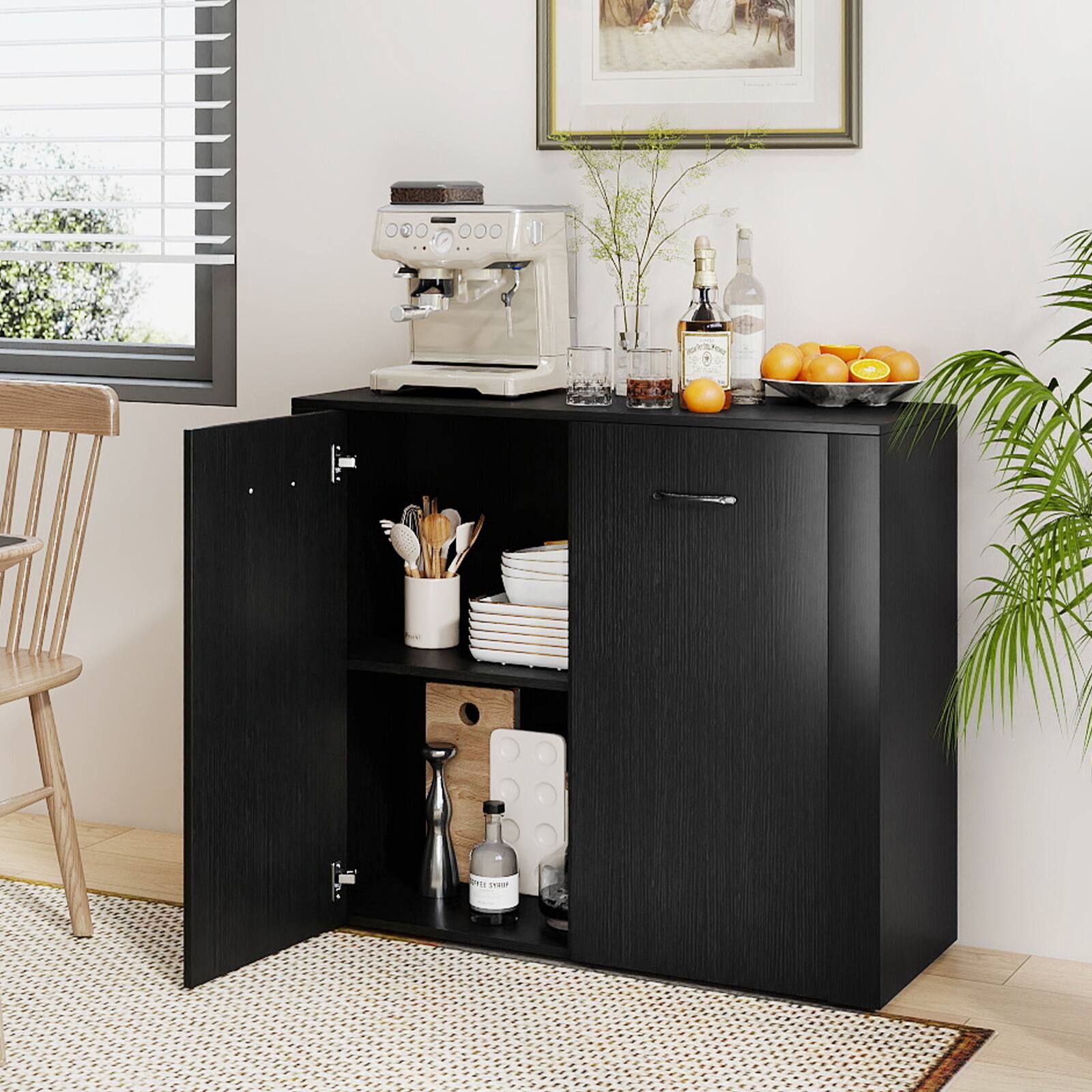 Alt View 1. Gymax - Gymax Floor Storage Cabinet Buffet Sideboard w/ Double Doors Wooden Coffee Bar Station Black - Black.