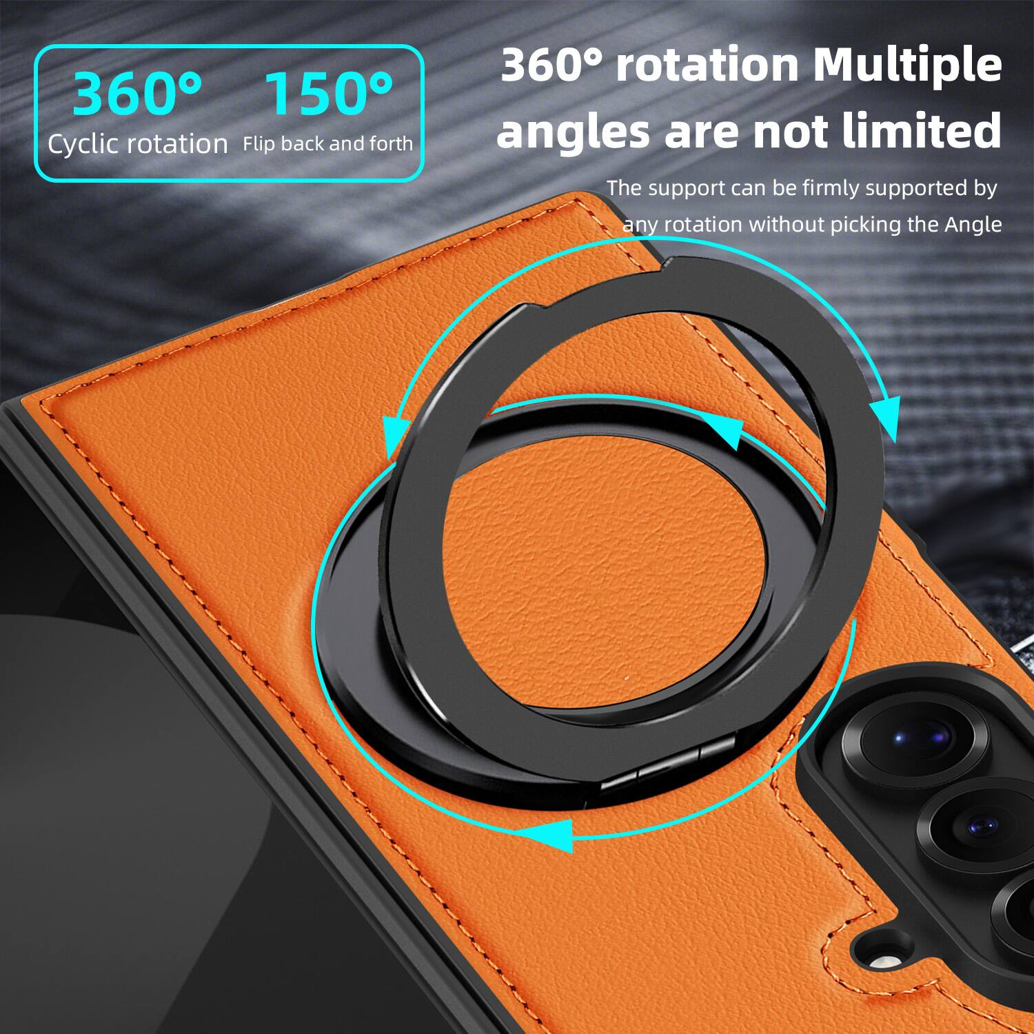360° 150°  
Cyclic rotation Flip back and forth  

360° rotation Multiple angles are not limited  
The support can be firmly supported by any rotation without picking the Angle