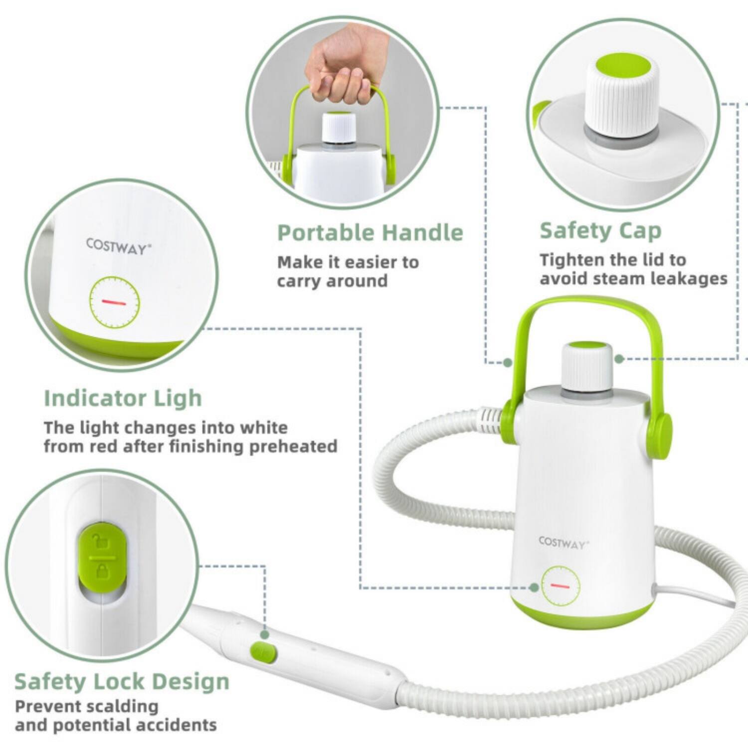 COSTWAY Portable Handle  
Make it easier to carry around  

Safety Cap  
Tighten the lid to avoid steam leakages  

Indicator Light  
The light changes into white from red after finishing preheated  

Safety Lock Design  
Prevent scalding and potential accidents