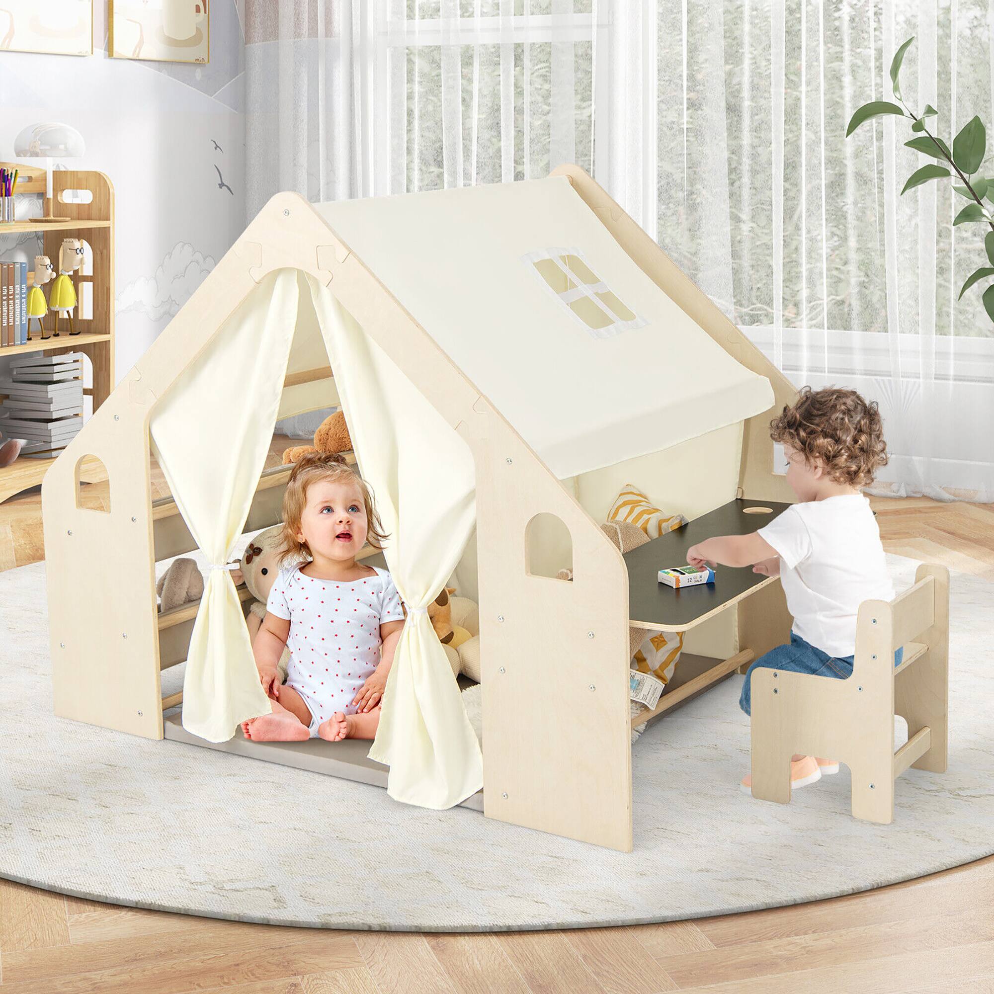 Alt View 3. Gymax - Gymax 6-in-1 Kids Playhouse Wooden Play Tent w/ Blackboard Desk Chair 6 Storage Bins - Natural.