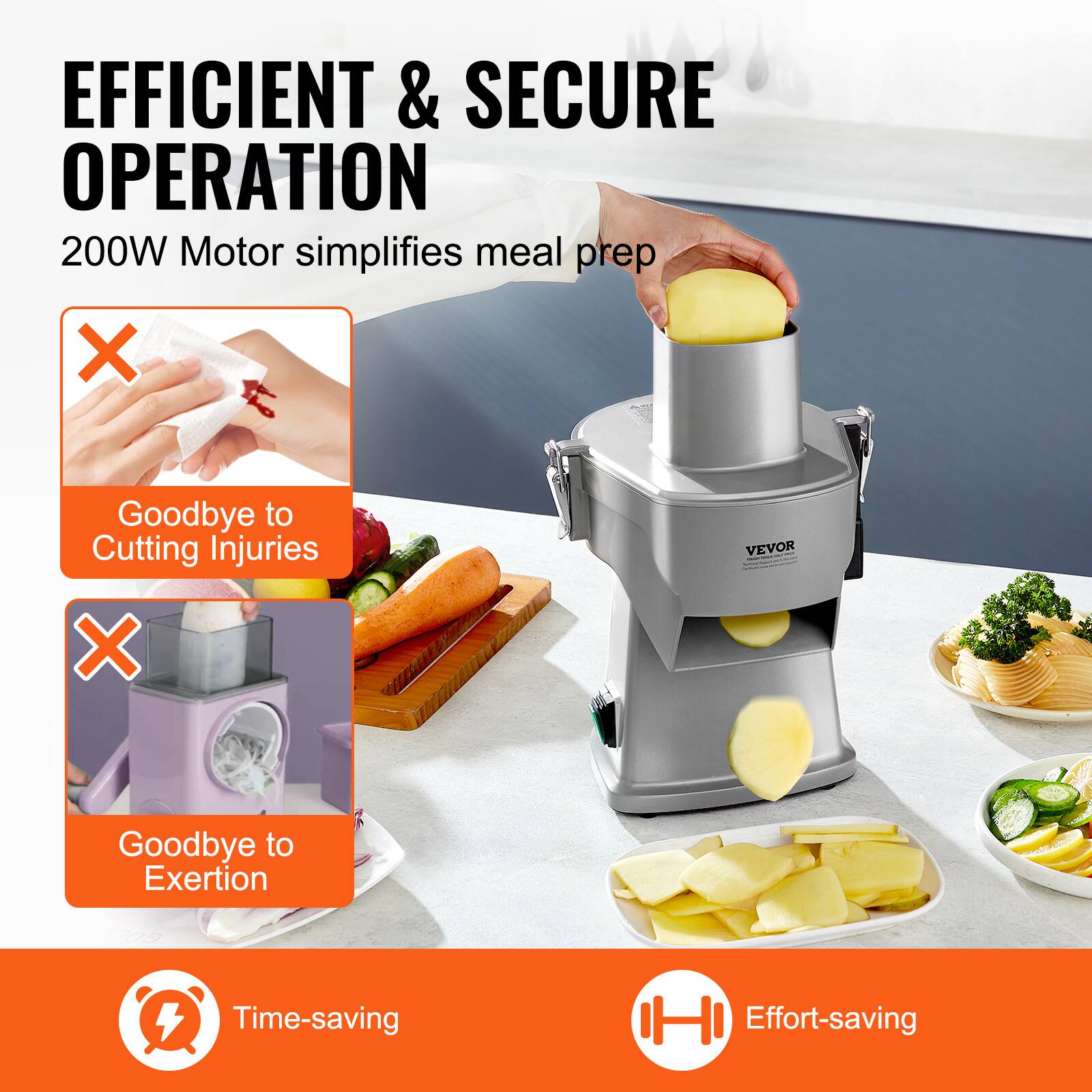 EFFICIENT & SECURE OPERATION
200W Motor simplifies meal prep
Goodbye to Cutting Injuries
Goodbye to Exertion
Time-saving
Effort-saving