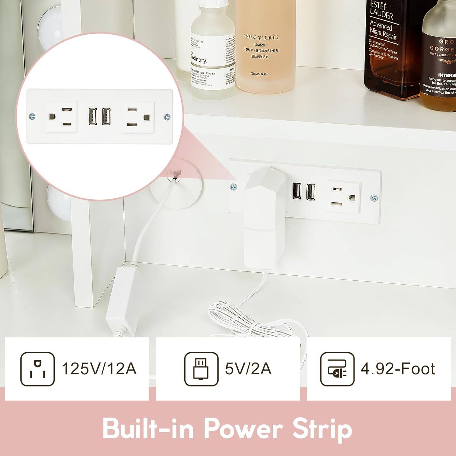 Alt View 4. GARVEE - Makeup Vanity with Mirror,12 LED Lights with 3 Adjustable Lighting Modes and Brightness Levels, Built-in Power Outlet - White.