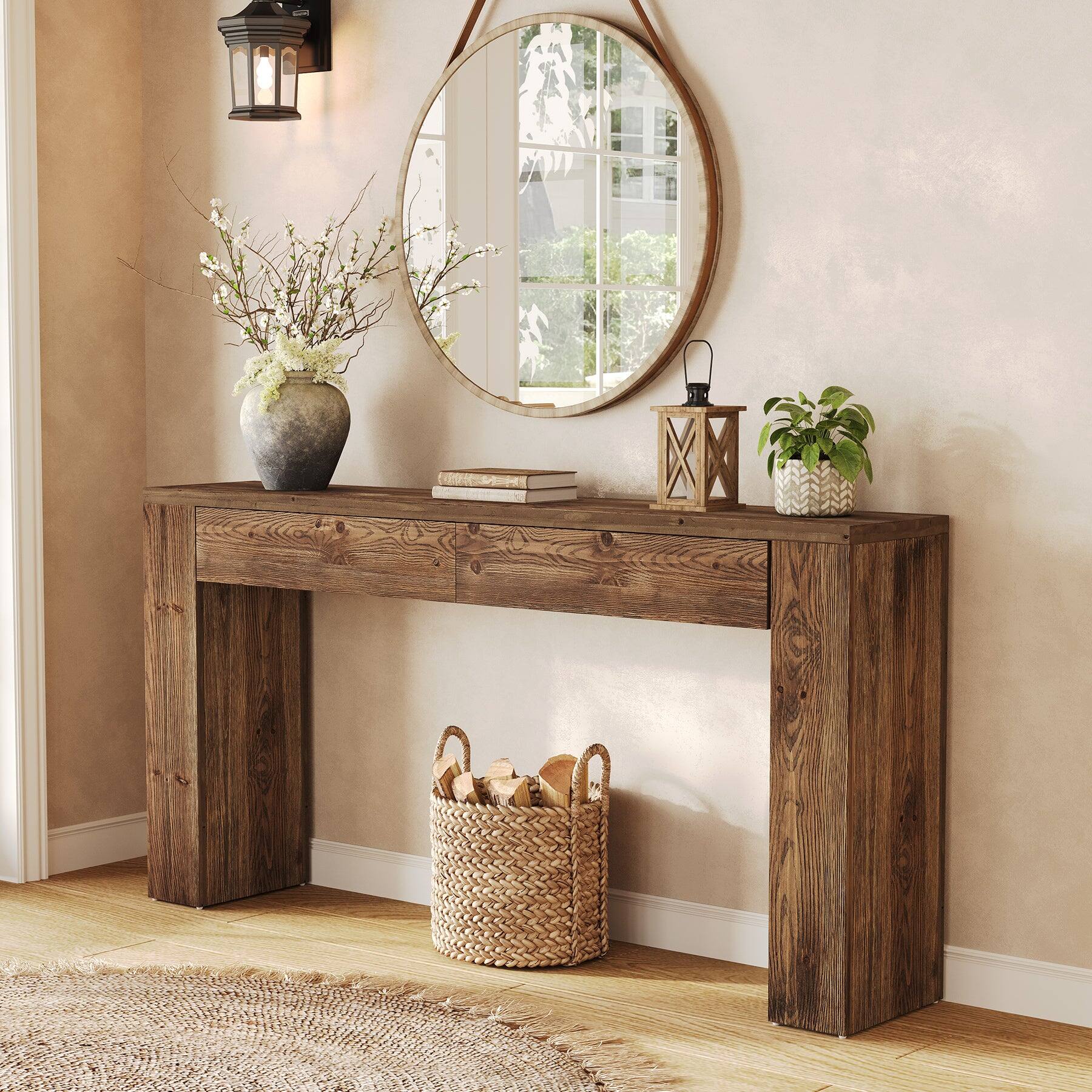 Back. Tribesigns - Solid Wood Console Table with Drawer Storage and Rectangular Top for Entryway, Hallway and Living Room - Brown.
