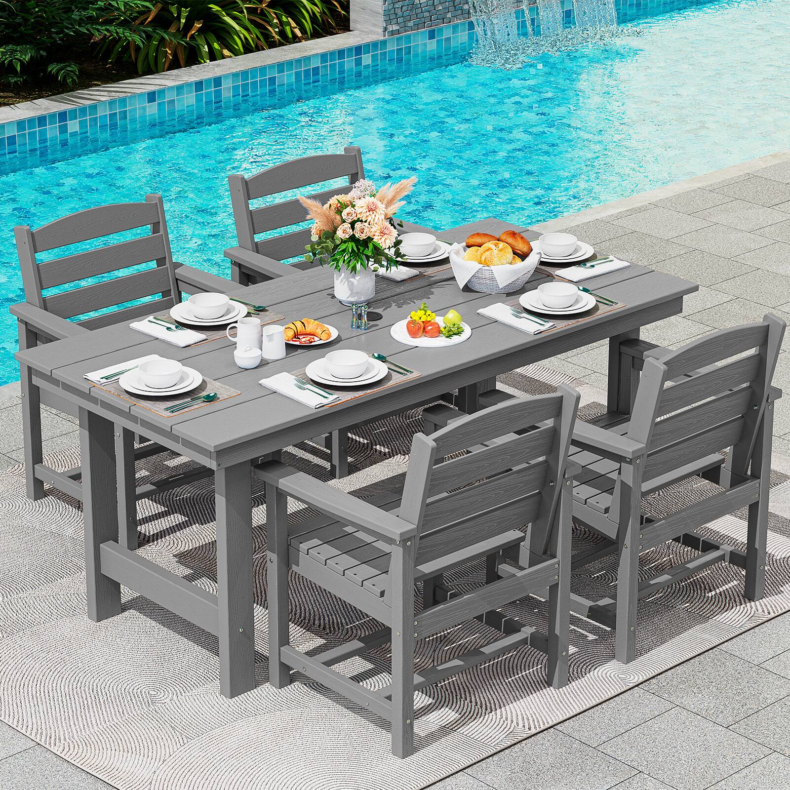 Alt View 6. SERWALL - 7 Pcs Outdoor Dining Set, Outdoor Dining Furniture with Rectangular Table & 6 Chairs, All-Weather Resistant Dining Set - Gray.