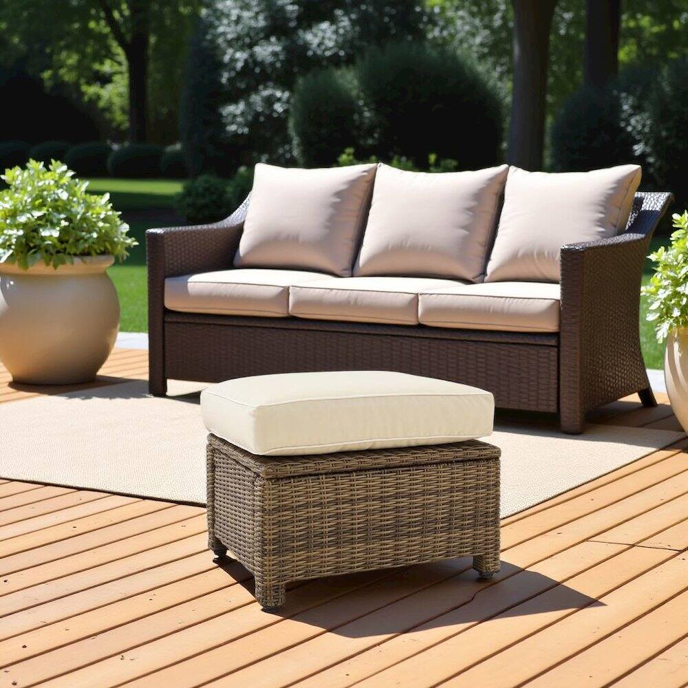Alt View 3. Outdoor Escape - Brown Wicker Outdoor Ottoman with Sand Cushion – Foot Rest for Patio Lounging - Sand.