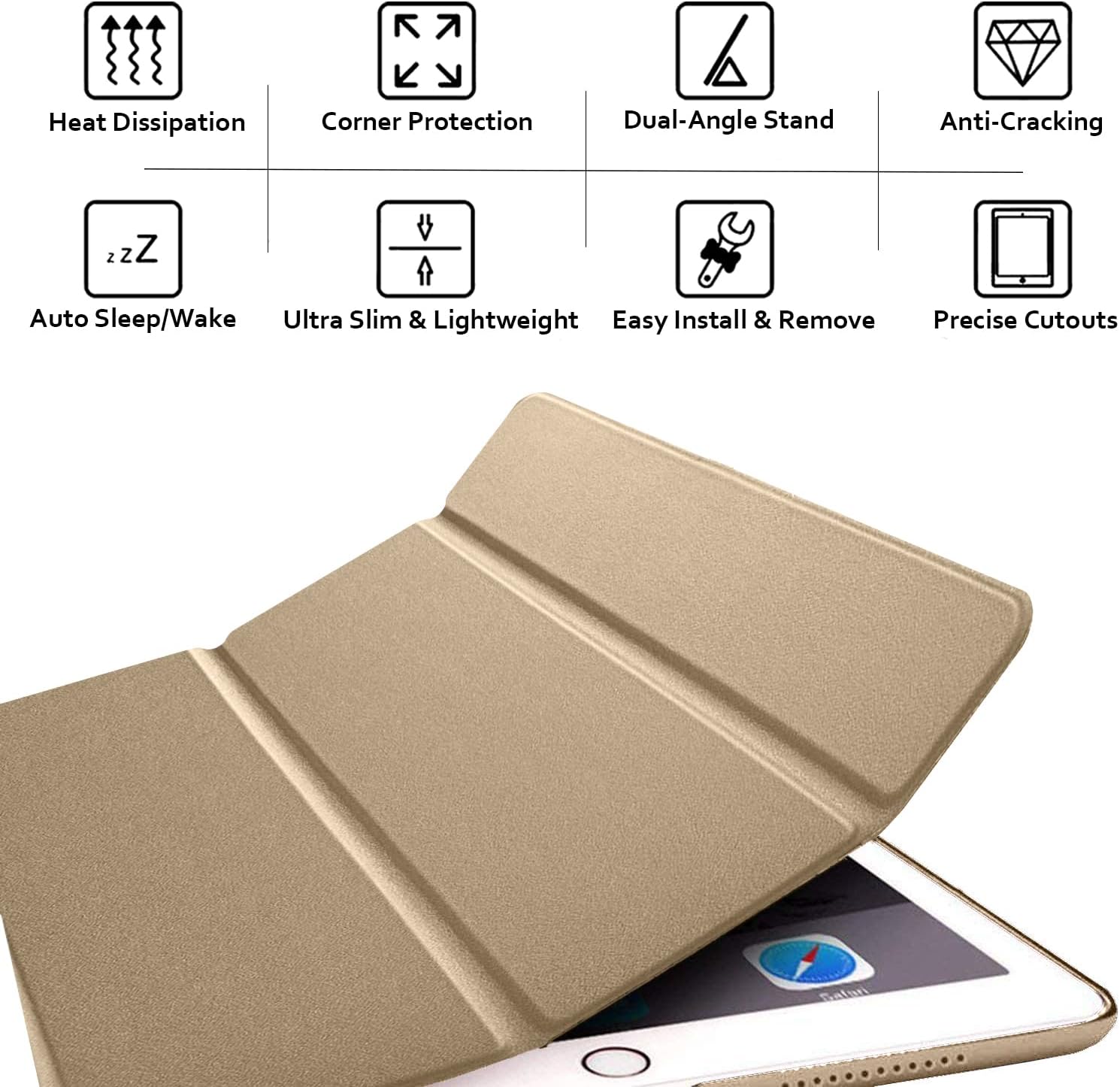 Heat Dissipation  
Corner Protection  
Dual-Angle Stand  
Anti-Cracking  
Auto Sleep/Wake  
Ultra Slim & Lightweight  
Easy Install & Remove  
Precise Cutouts