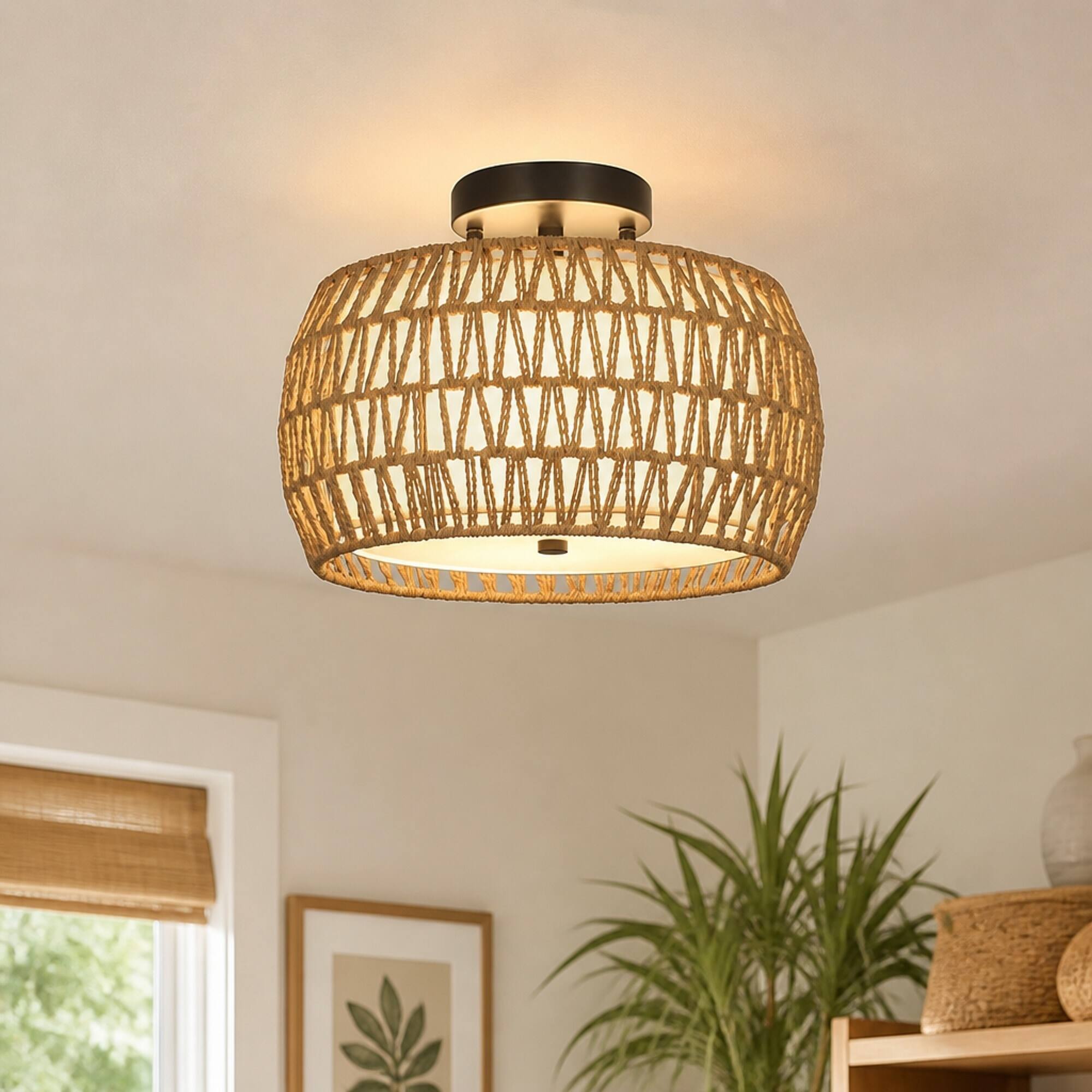 RYHNUYNE Boho Rattan Semi Flush Mount Ceiling Light – 2 in 1 Hand Woven ...