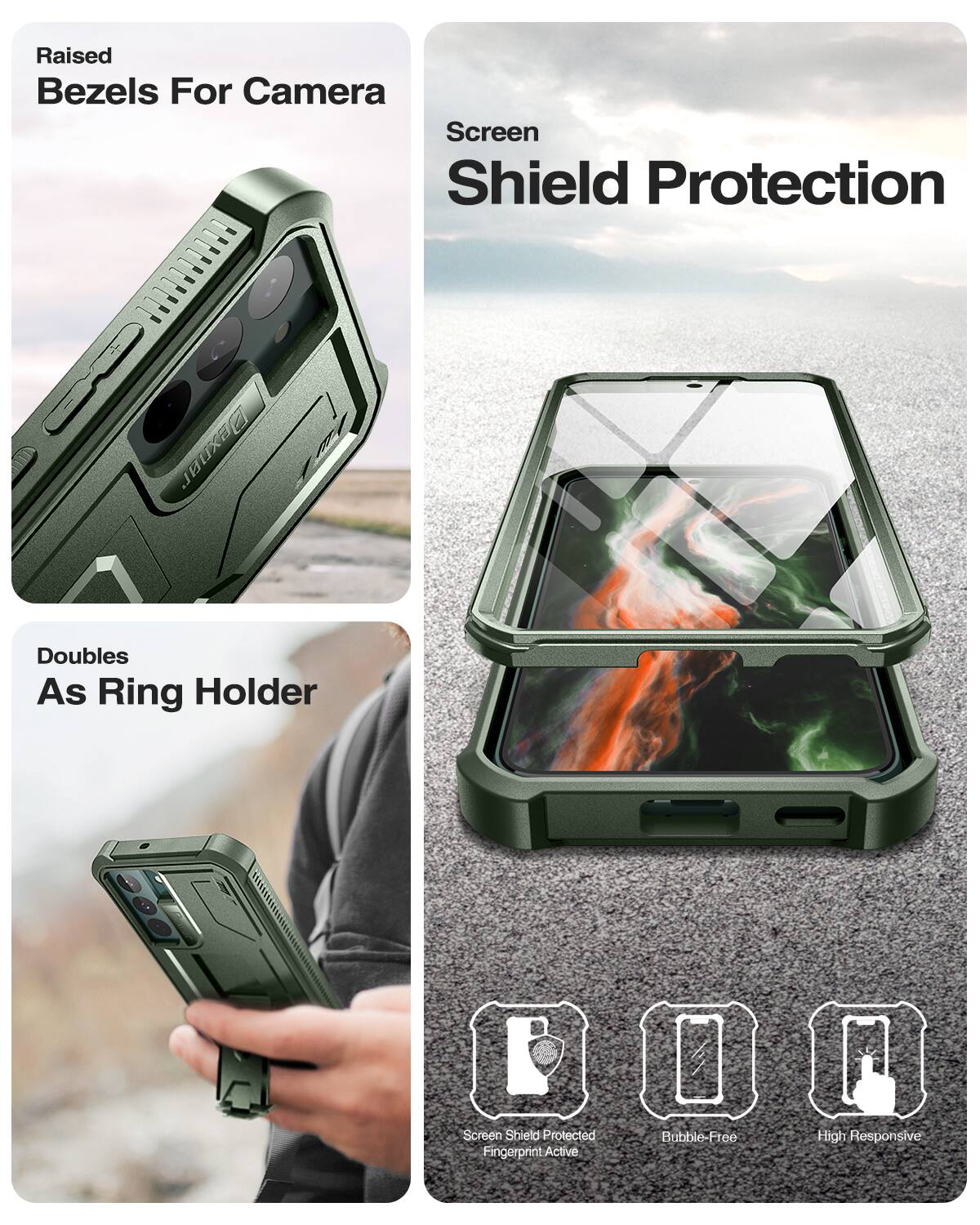 Raised Bezels For Camera  
Screen Shield Protection  
Doubles As Ring Holder  

Screen Shield Protected  
Bubble-Free  
High Responsive  
Fingerprint Active