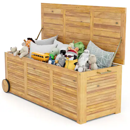 Front. Costway - Costway 48 Gallon Acacia Wooden Patio Storage Deck Box Outdoor Storage Box with Wheels - Natural.