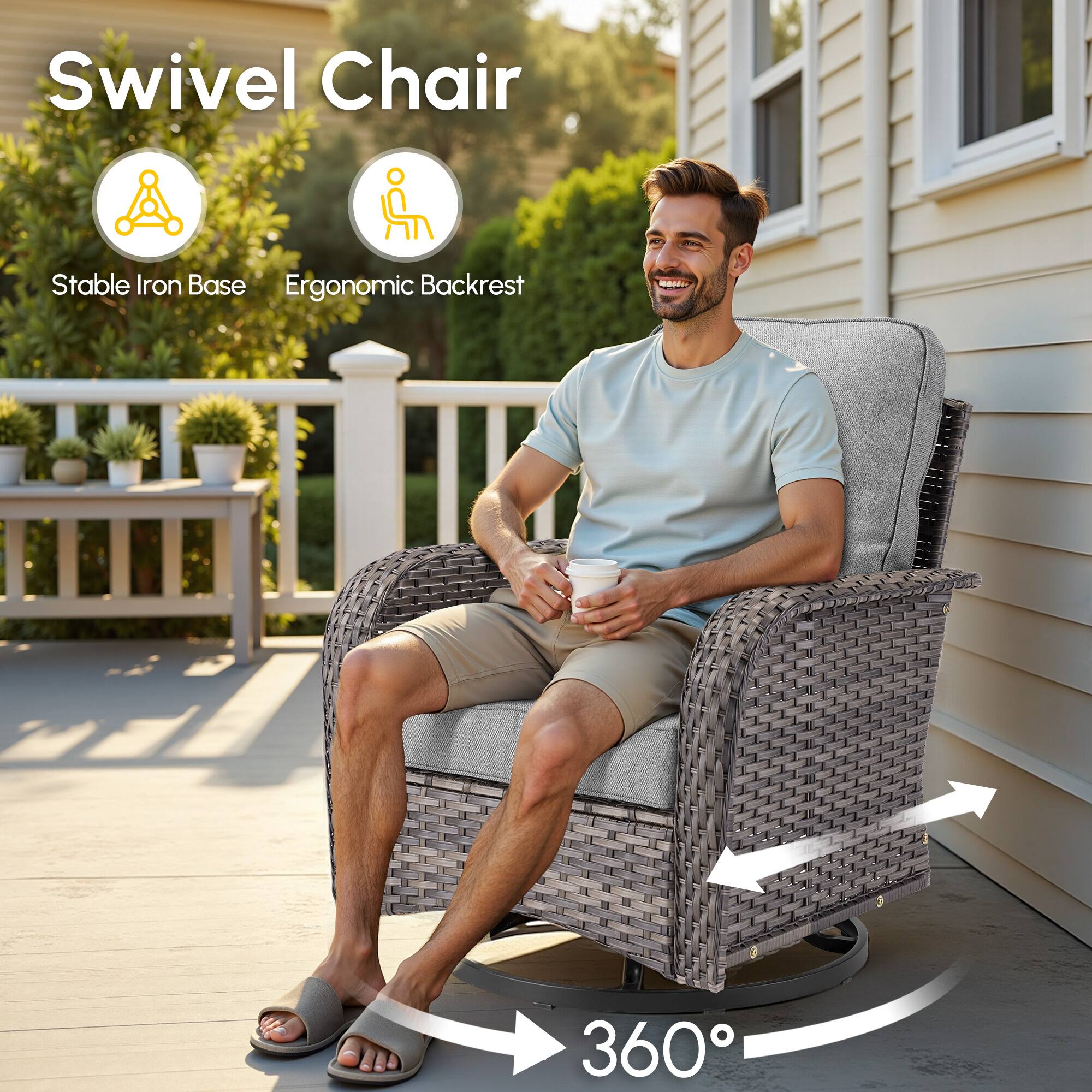Swivel Chair  
Stable Iron Base  
Ergonomic Backrest  
360°