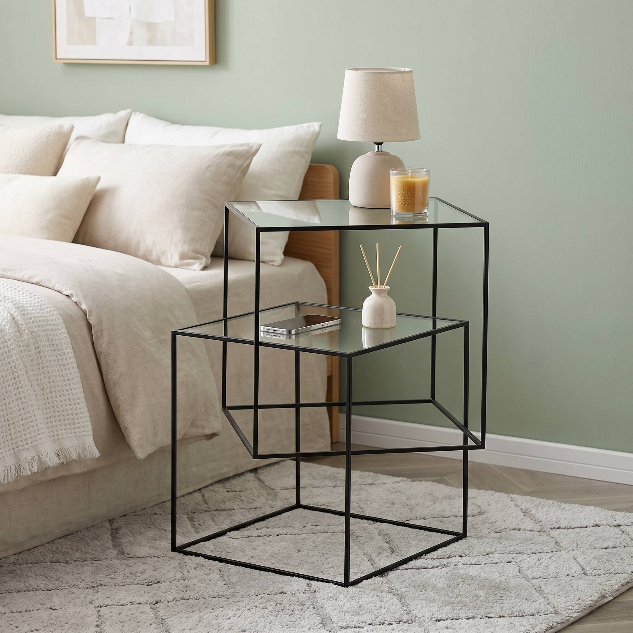 Angle. E.P. Light - 2-Tier Modern Accent Nightstand Minimalist Geometric End Table - Black.
