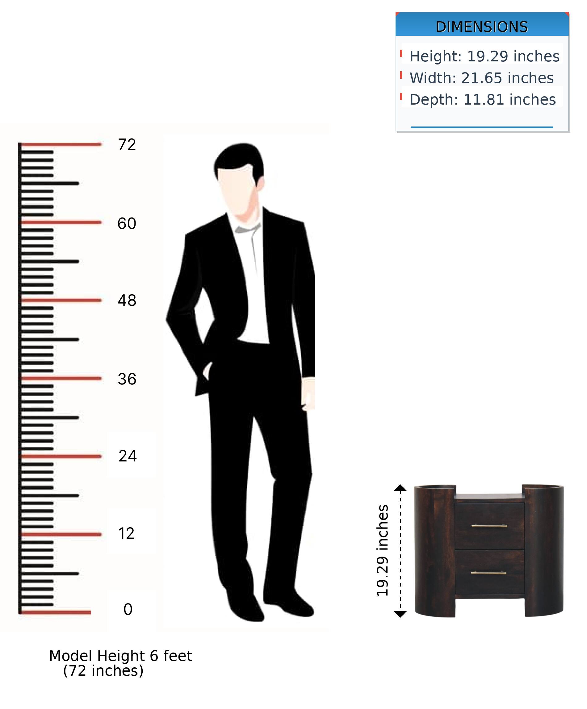 DIMENSIONS  
Height: 19.29 inches  
Width: 21.65 inches  
Depth: 11.81 inches  

Model Height 6 feet (72 inches)