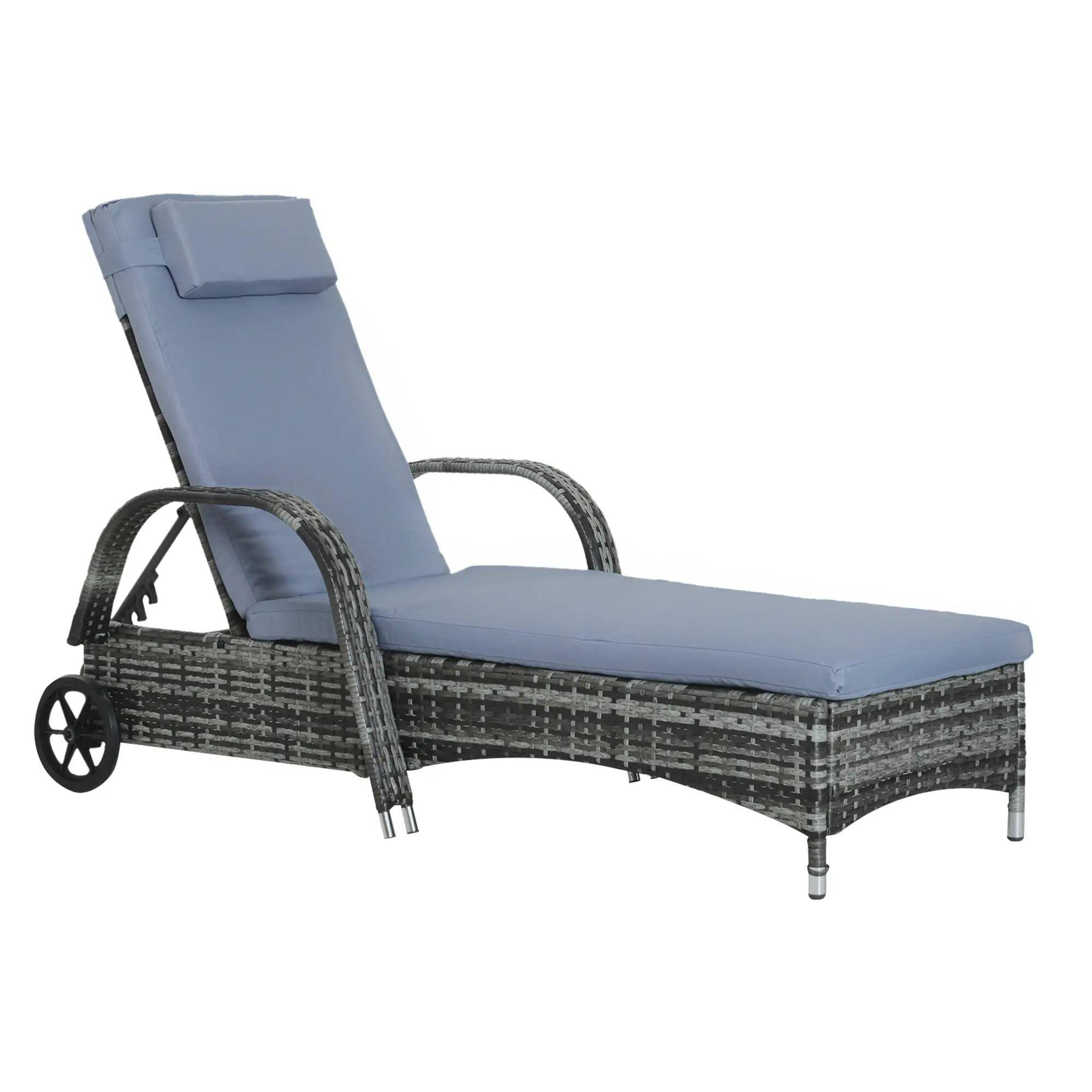 Resenkos - Wicker Outdoor Chaise Lounge, 5-Level Adjustable Backrest PE Rattan, With Wheels - Mixed Gray, Gray