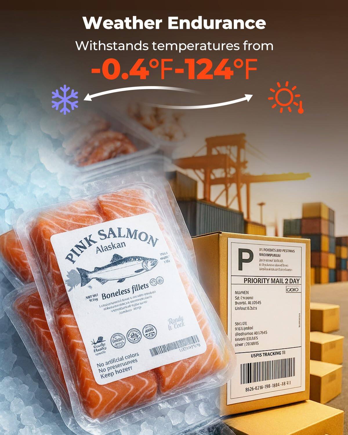 Weather Endurance  
Withstands temperatures from -0.4°F to 124°F  

PINK SALMON  
Alaskan  
Boneless fillets  
990g  

No artificial colors  
No preservatives  
Keep frozen  

PRIORITY MAIL 2 DAY  
NUJAVEN  
St. Ixzoaui  
Bvordb, A10545  
Unfou 0.30s  

USPS TRACKING 18  
8626-0216-198-1884-1871