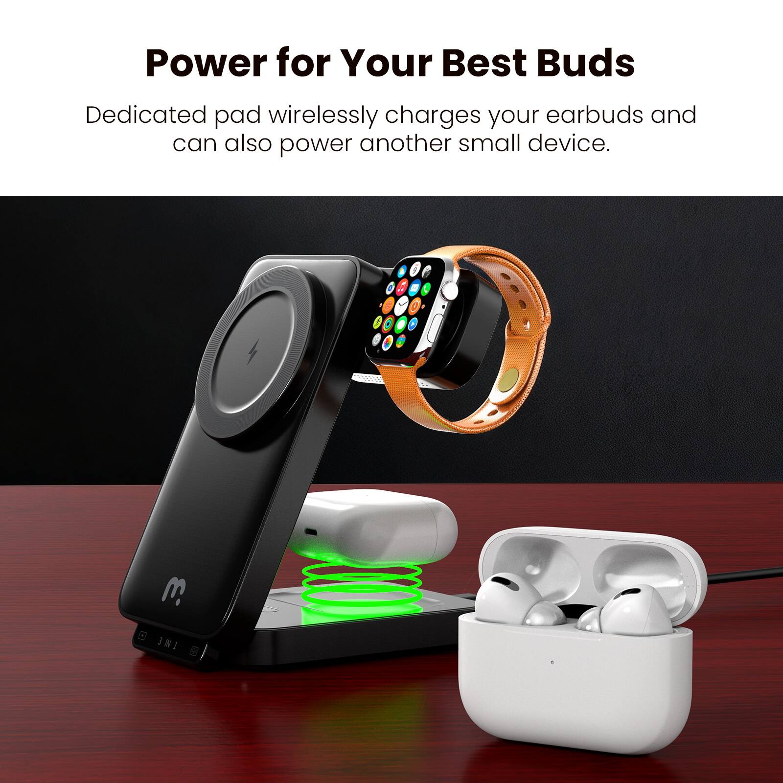 Power for Your Best Buds

Dedicated pad wirelessly charges your earbuds and can also power another small device.