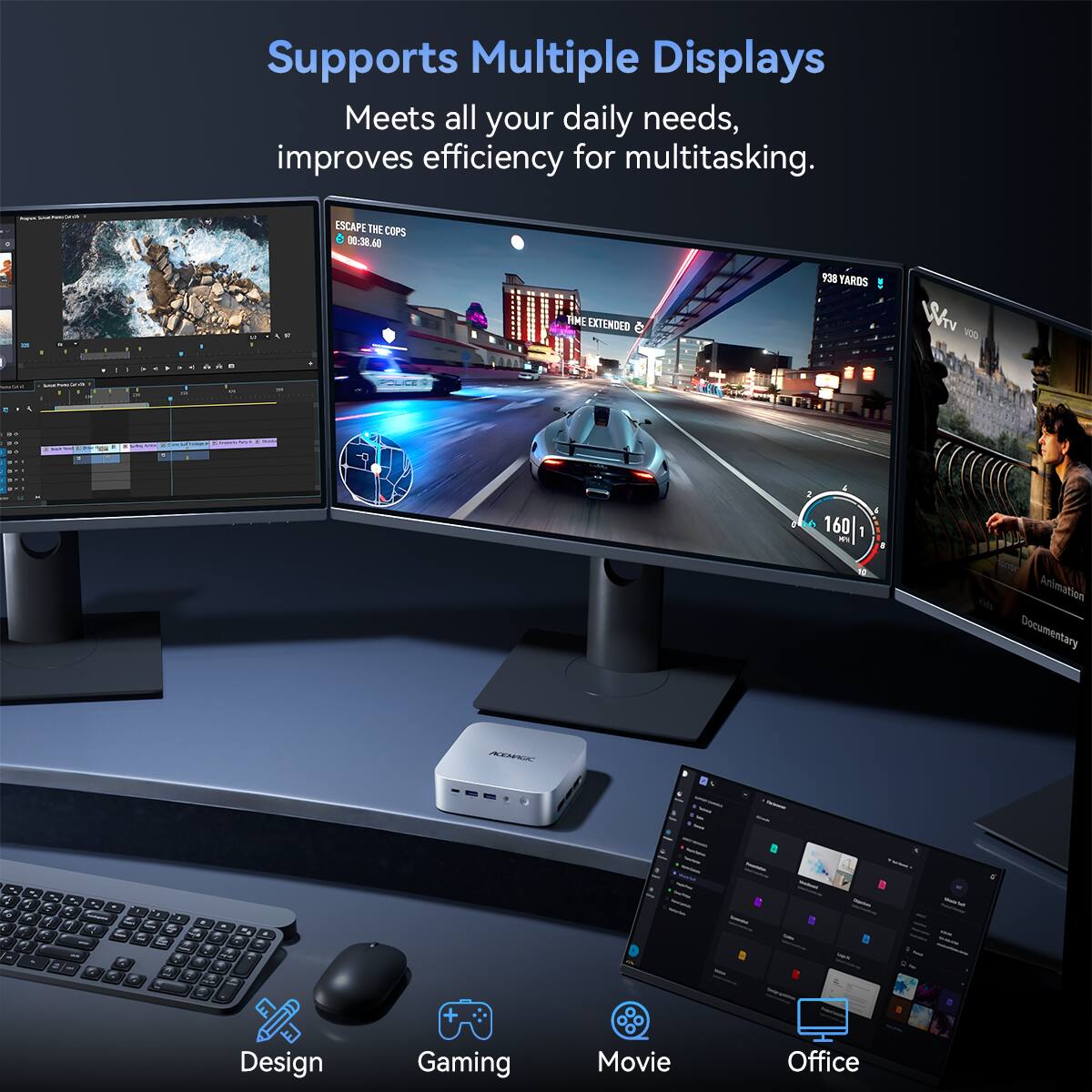 Supports Multiple Displays  
Meets all your daily needs, improves efficiency for multitasking.  

Design  
Gaming  
Movie  
Office