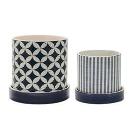 BreeBe - Geometric Pattern Planter with Plate (Set of 2) - Blue, White