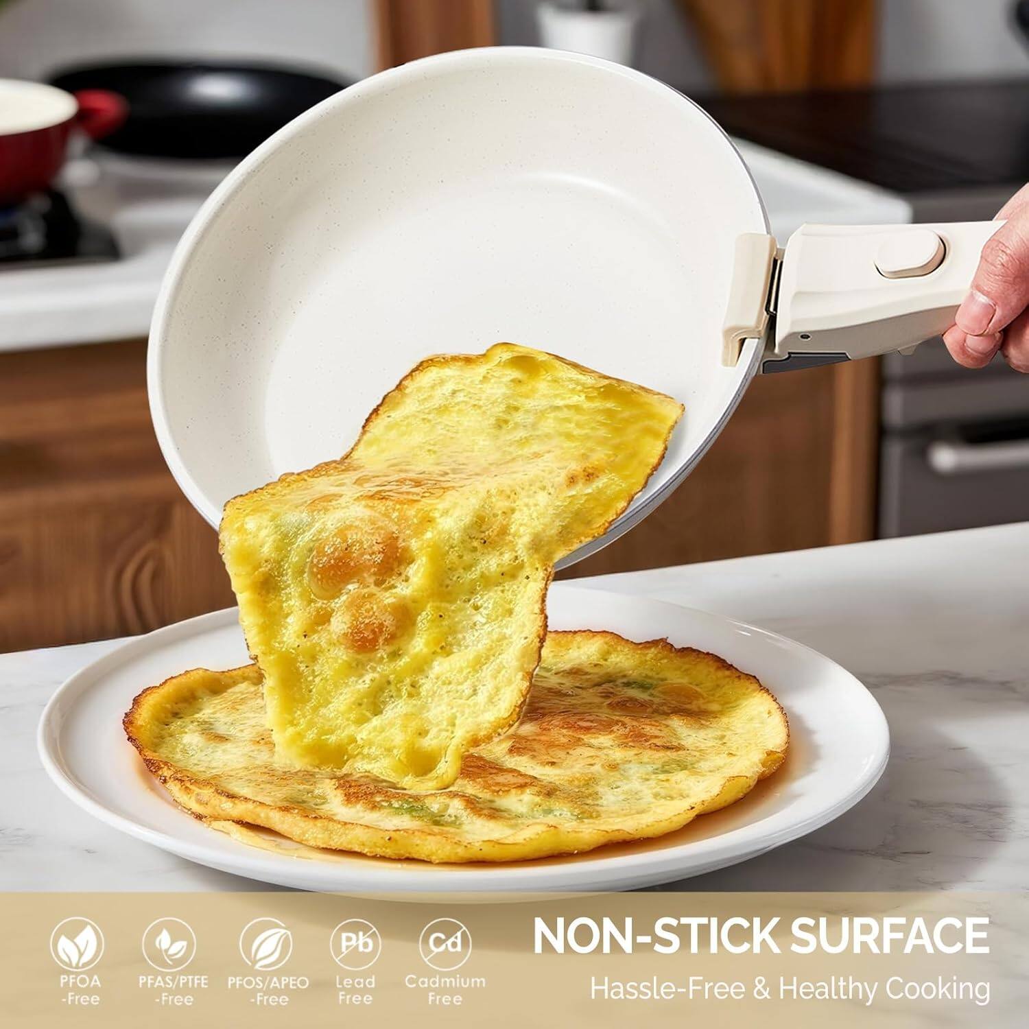 PFOA-Free  
PFAS/PTFE-Free  
PFOS/APEO-Free  
Lead-Free  
Cadmium-Free  

NON-STICK SURFACE  
Hassle-Free & Healthy Cooking