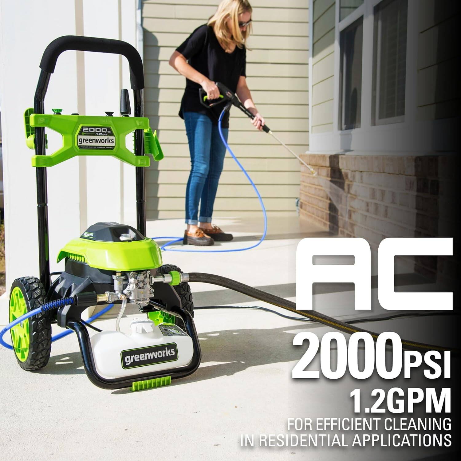 2000 PSI  
greenworks AC 2000 PSI 1.2 GPM  
FOR EFFICIENT CLEANING IN RESIDENTIAL APPLICATIONS