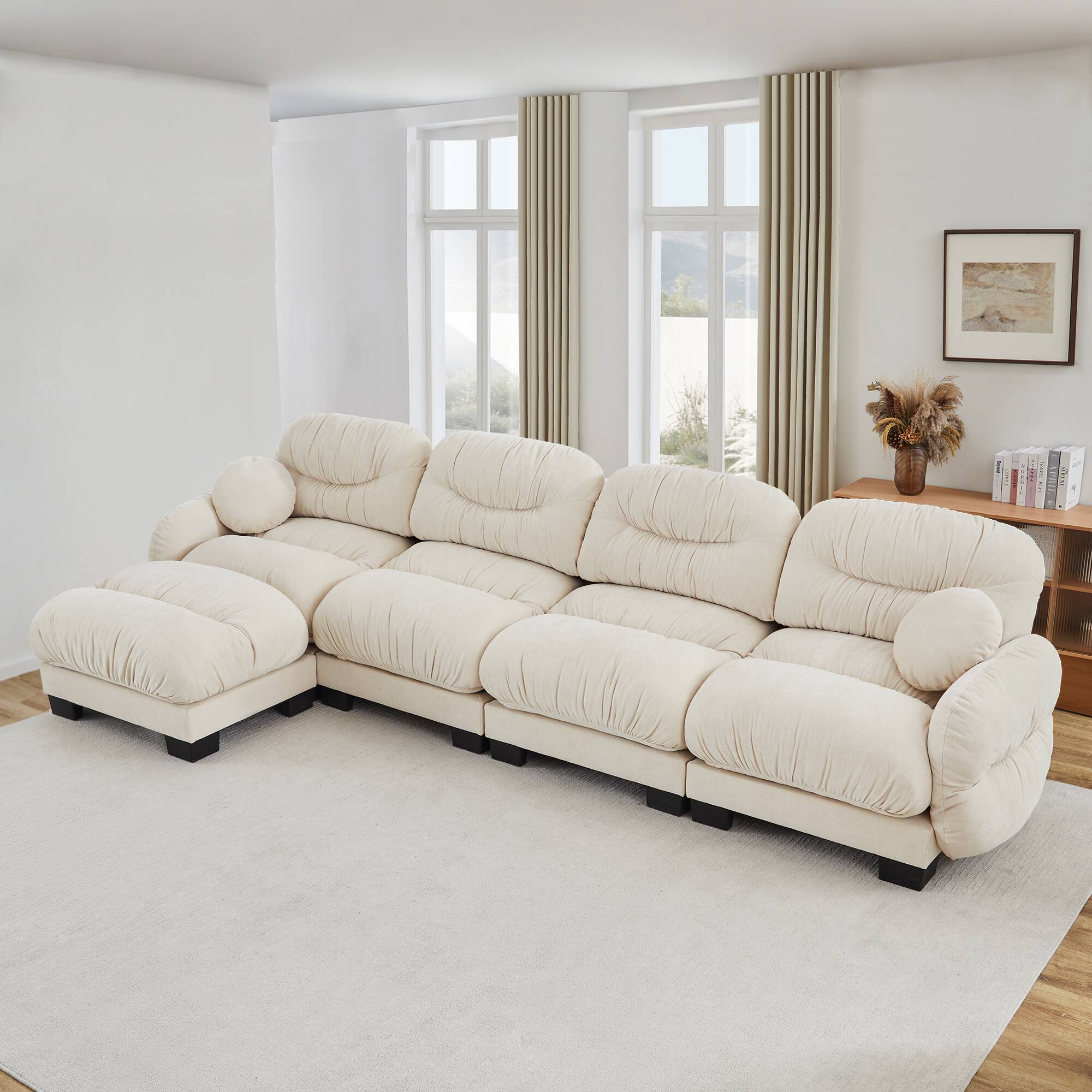 Angle. Anysun - 4-Seater L Shape Sectional Couch with Ottoman, Chenille Fabric, High-Density Foam & Curved Armrests for Living Room - Beige.
