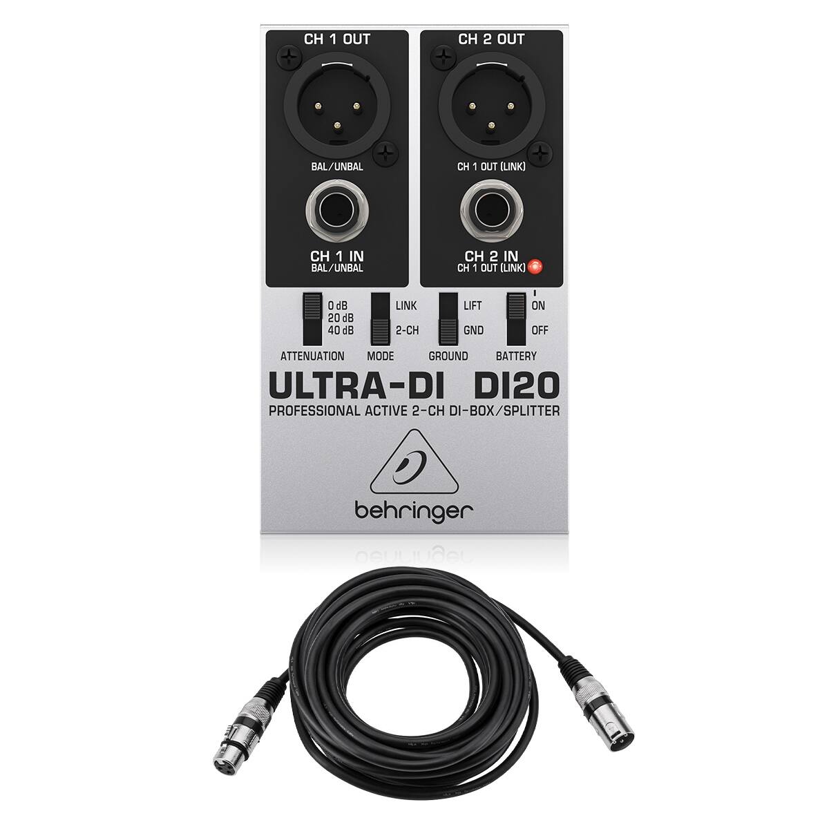 CH 1 OUT  
CH 2 OUT  
BAL/UNBAL  
CH 1 OUT [LINK]  
CH 1 IN BAL/UNBAL  
CH 2 IN CH 1 OUT [LINK]  
0 dB 20 dB 40 dB  
LINK 2-CH  
LIFT GND  
I ON OFF  
ATTENUATION MODE GROUND BATTERY  
ULTRA-DI DI20 PROFESSIONAL ACTIVE 2-CH DI-BOX/SPLITTER  
behringer