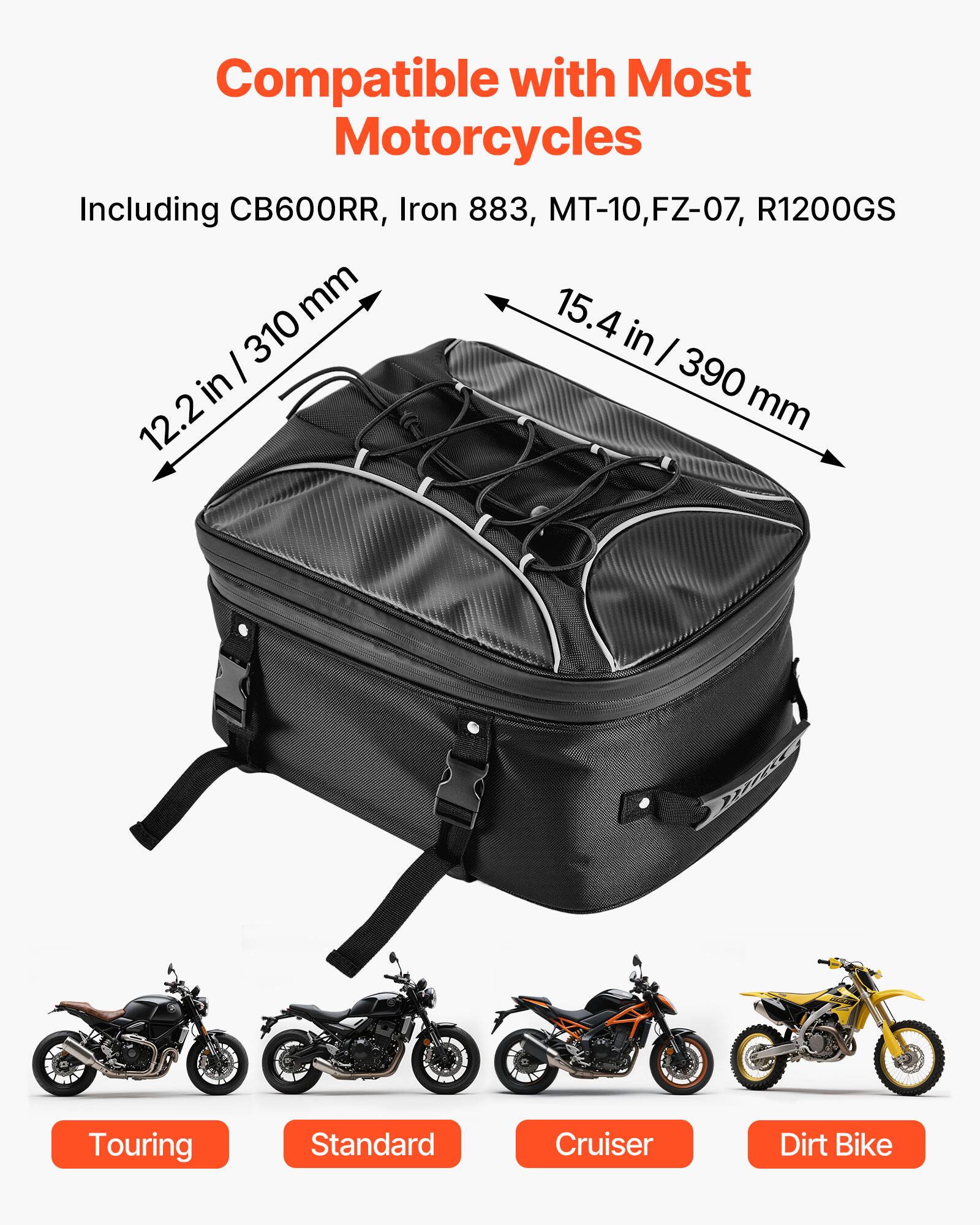 Compatible with Most Motorcycles  
Including CB600RR, Iron 883, MT-10, FZ-07, R1200GS  

12.2 in / 310 mm  
15.4 in / 390 mm  

Touring  
Standard  
Cruiser  
Dirt Bike