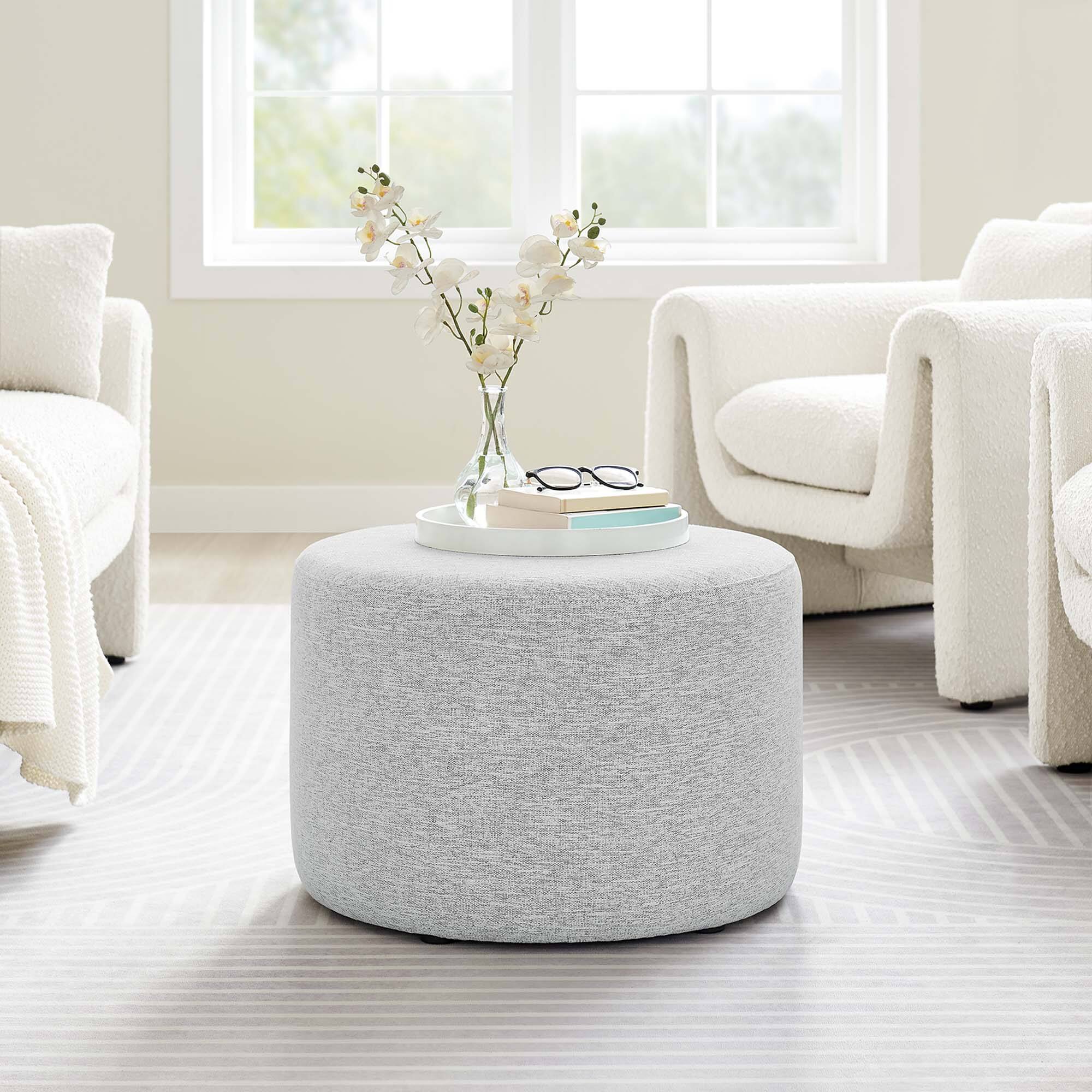 Alt View 2. Modway - Callum Large 23" Round Woven Heathered Fabric Upholstered Ottoman by Modway - Heathered Weave Light Gray.