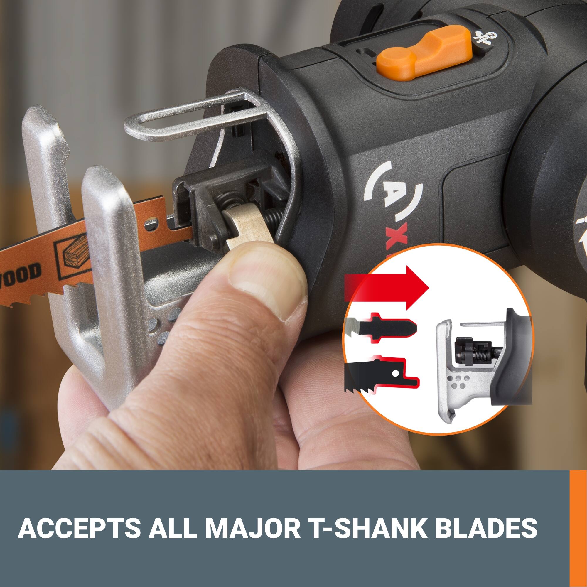 The text on the image reads: "Accepts all major T-Shank blades."