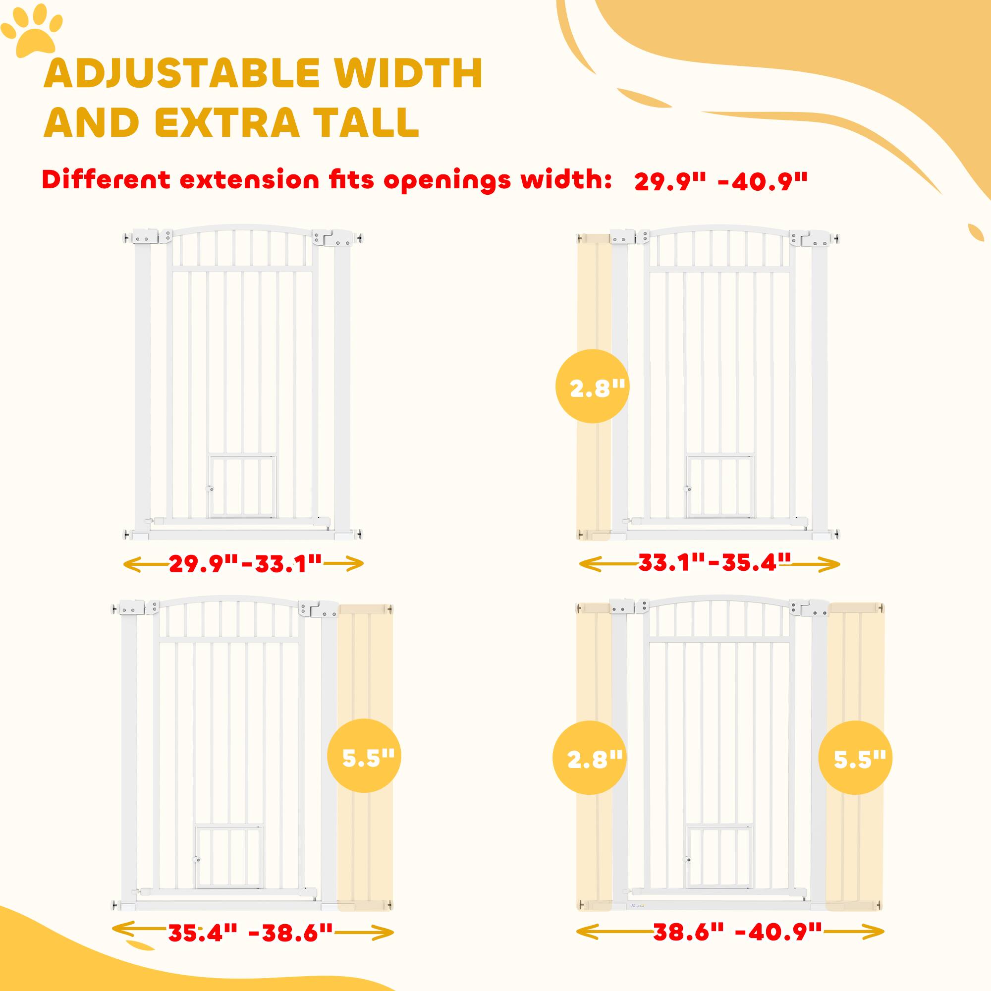 ADJUSTABLE WIDTH AND EXTRA TALL

Different extension fits openings width: 29.9" - 40.9"

- 29.9" - 33.1"
- 33.1" - 35.4"
- 35.4" - 38.6"
- 38.6" - 40.9"

2.8"
5.5"
