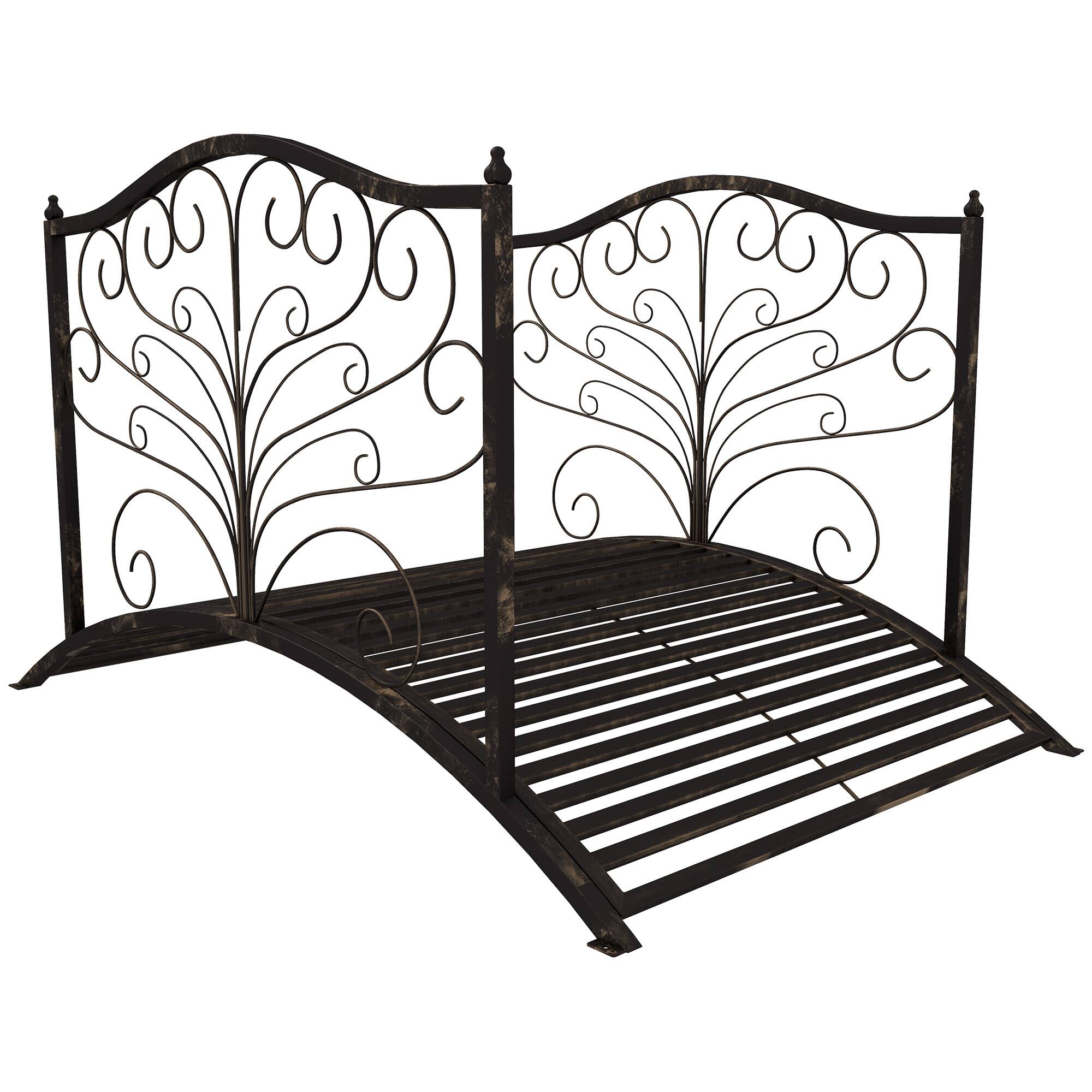 Front. Outsunny - 4’ Metal Arch Backyard Garden Bridge with Safety Siderails, Delicate Scrollwork, & Easy Assembly - Black, Bronze.