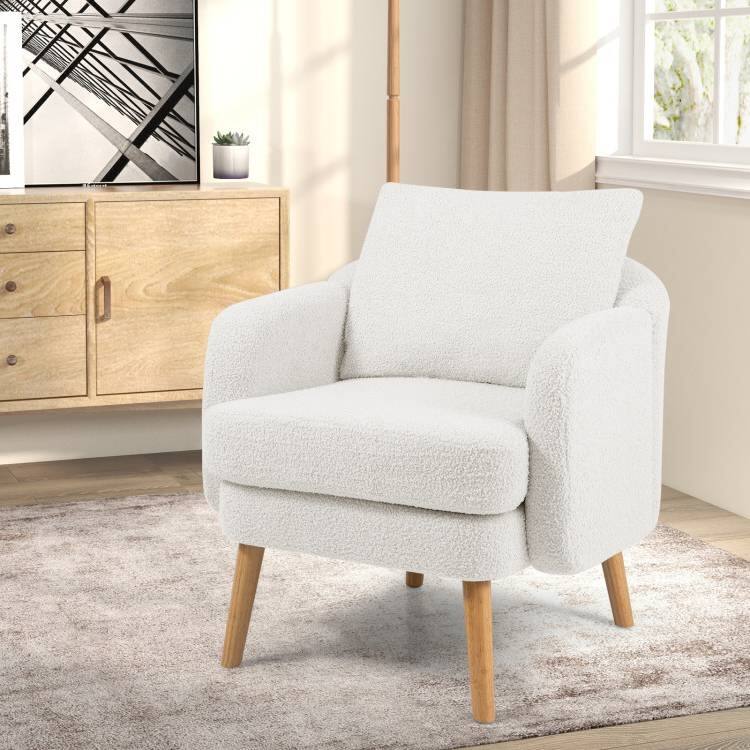 Angle. Hivvago - Modern White Sherpa Upholstered Accent Chair with Wooden Legs - Whte.