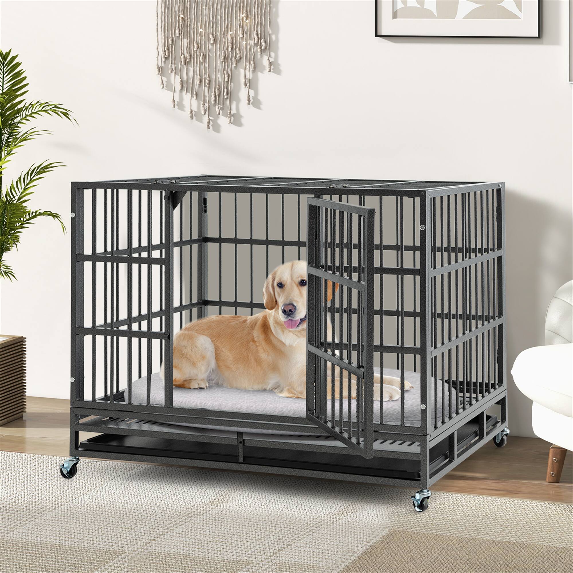 Alt View 3. Gymax - Gymax 48'' Foldable Heavy-Duty Metal Dog Cage W/ Lockable Rolling Casters Black.