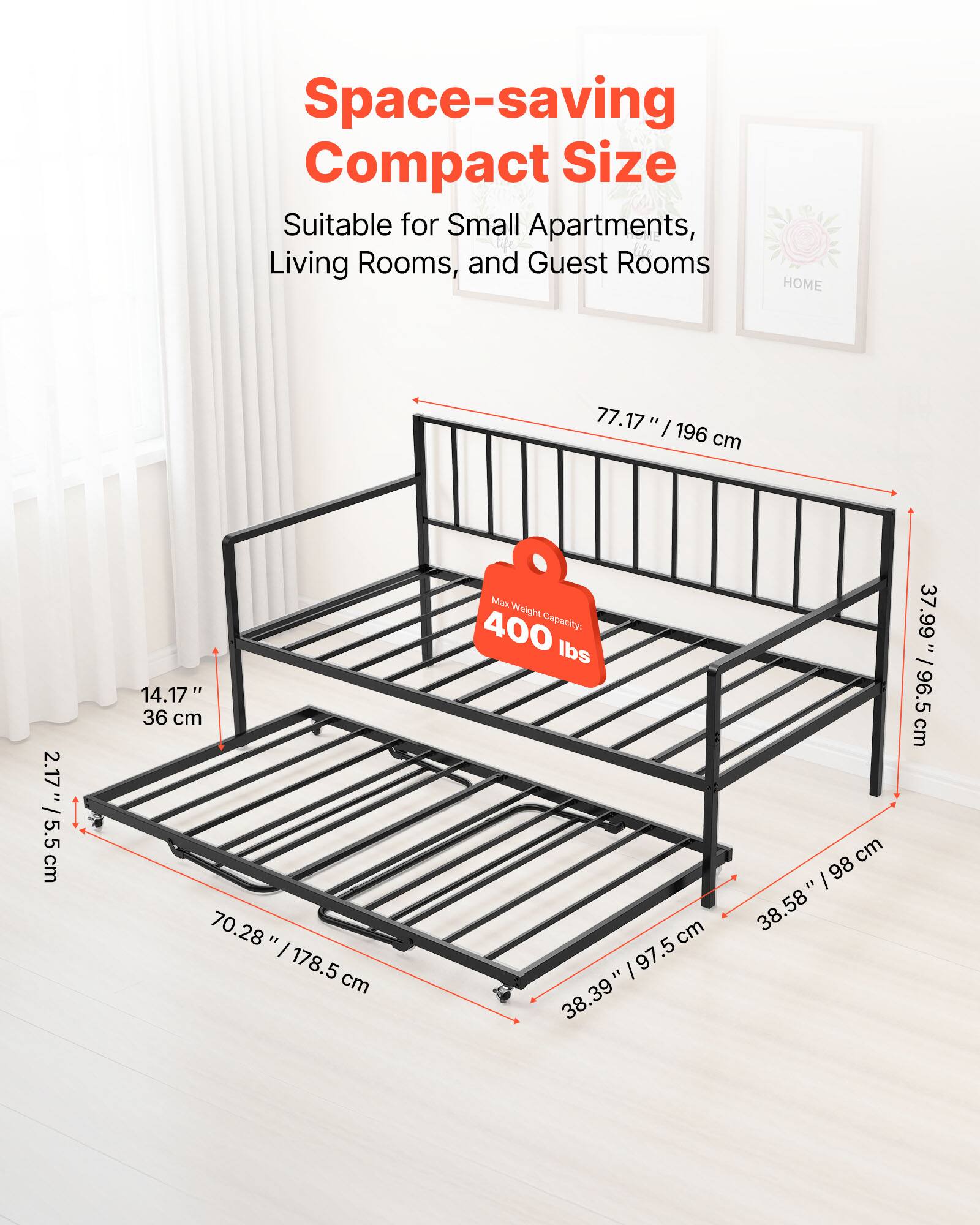 Space-saving Compact Size  
Suitable for Small Apartments, Living Rooms, and Guest Rooms  

- Height: 77.17" / 196 cm  
- Width: 70.28" / 178.5 cm  
- Depth: 38.39" / 97.5 cm  
- Bed Height: 14.17" / 36 cm  
- Side Rail Height: 2.17" / 5.5 cm  
- Max Weight Capacity: 400 lbs  
- Overall Depth: 37.99" / 96.5 cm