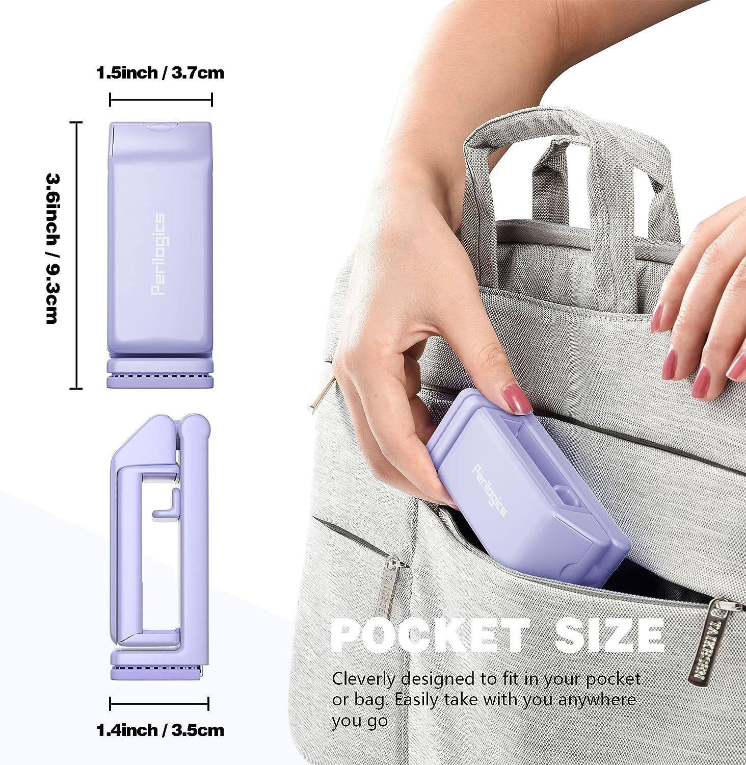 1.5 inch / 3.7 cm  
3.6 inch / 9.3 cm  
1.4 inch / 3.5 cm  

POCKET SIZE  
Cleverly designed to fit in your pocket or bag. Easily take with you anywhere you go