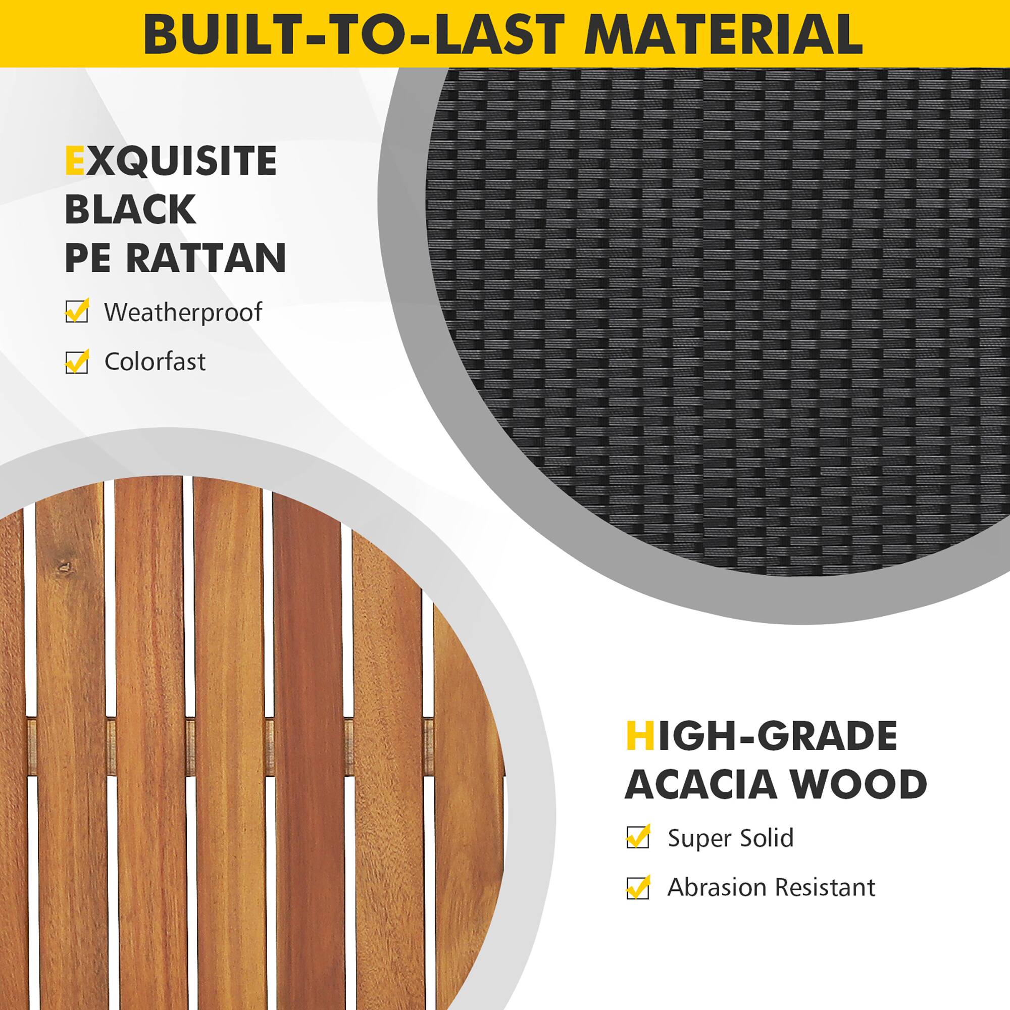 BUILT-TO-LAST MATERIAL

EXQUISITE BLACK PE RATTAN
- Weatherproof
- Colorfast

HIGH-GRADE ACACIA WOOD
- Super Solid
- Abrasion Resistant