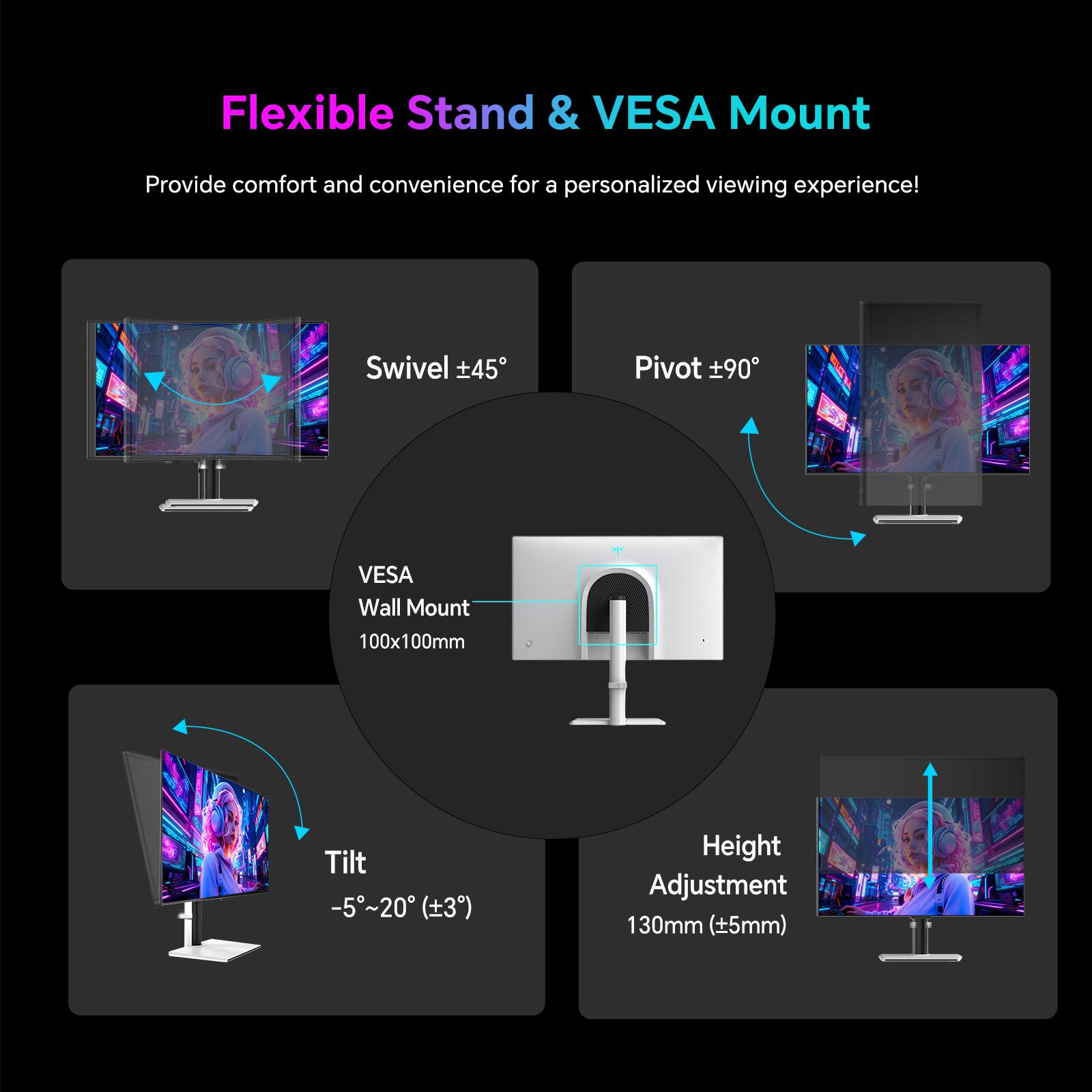 Flexible Stand & VESA Mount  
Provide comfort and convenience for a personalized viewing experience!

- Swivel ±45°
- Pivot ±90°
- VESA Wall Mount 100x100mm
- Tilt -5°~20° (±3°)
- Height Adjustment 130mm (±5mm)