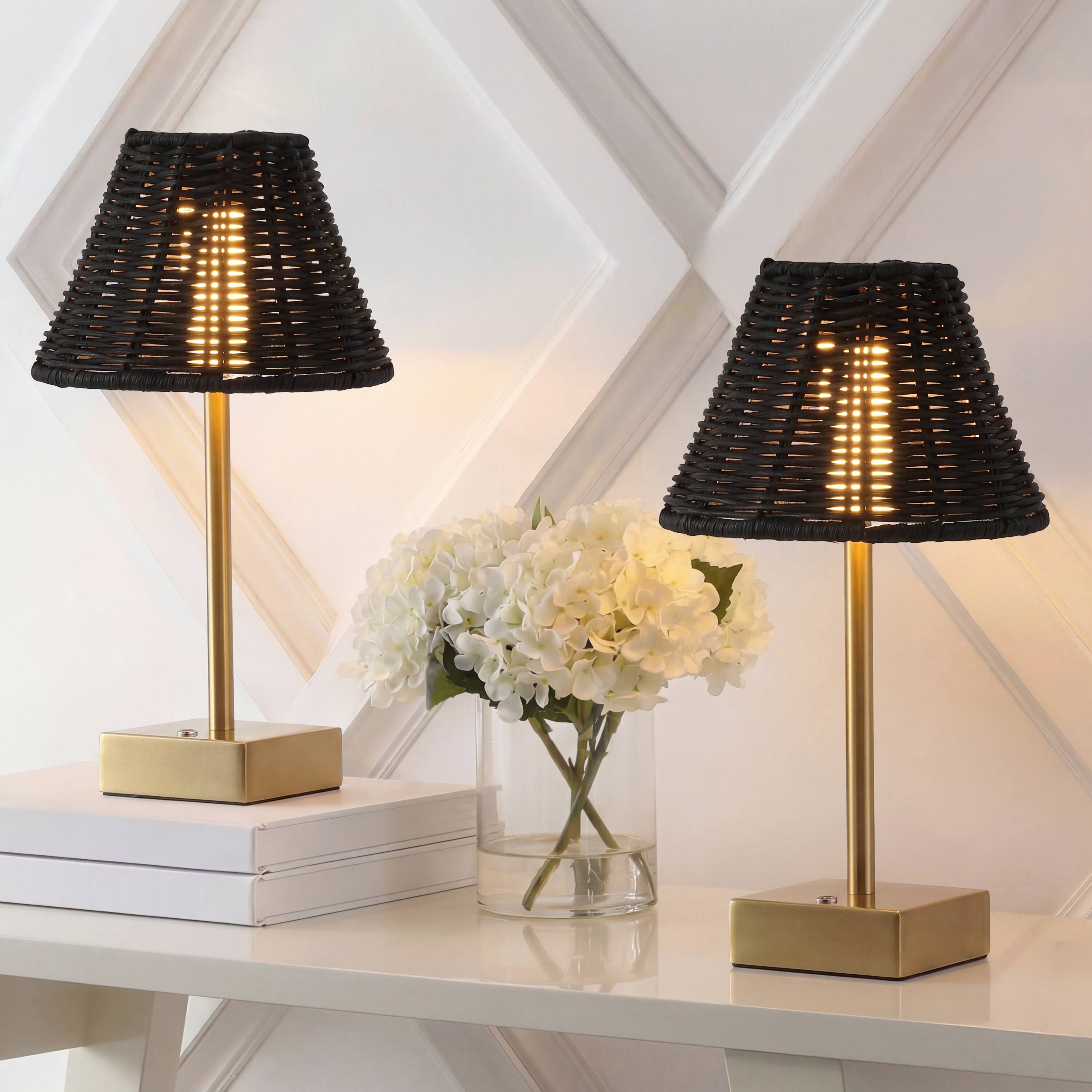 Alt View 1. Jonathan Y - Chester 11.25" Rechargeable Table Lamp Set of 2, Bohemian Brass Gold with Black Rattan Shade, Touch Dimmable for Bedroom - Brass Gold.