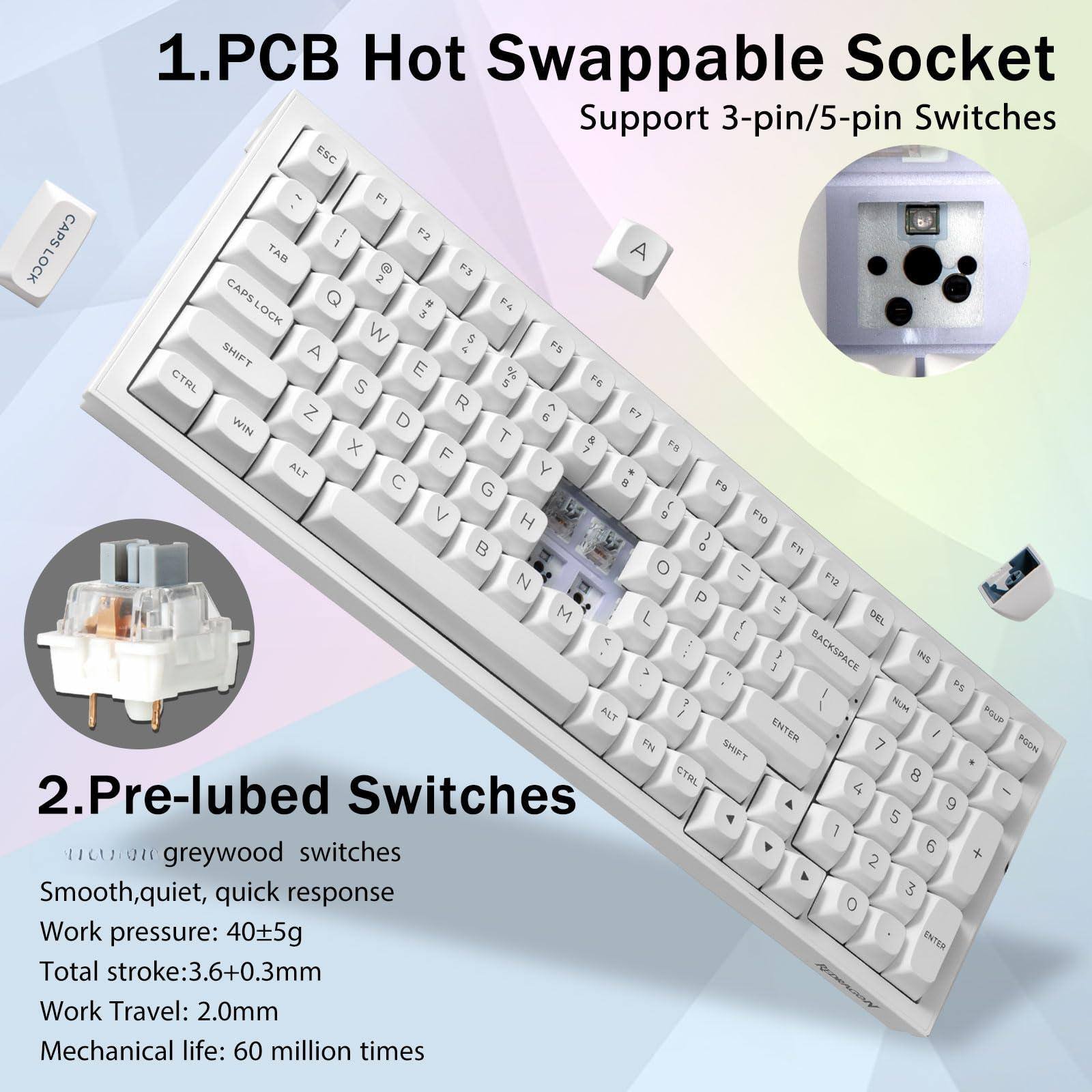 1. PCB Hot Swappable Socket Support 3-pin/5-pin Switches

2. Pre-lubed Switches
   - greywood switches
   - Smooth, quiet, quick response
   - Work pressure: 40±5g
   - Total stroke: 3.6±0.3mm
   - Work Travel: 2.0mm
   - Mechanical life: 60 million times