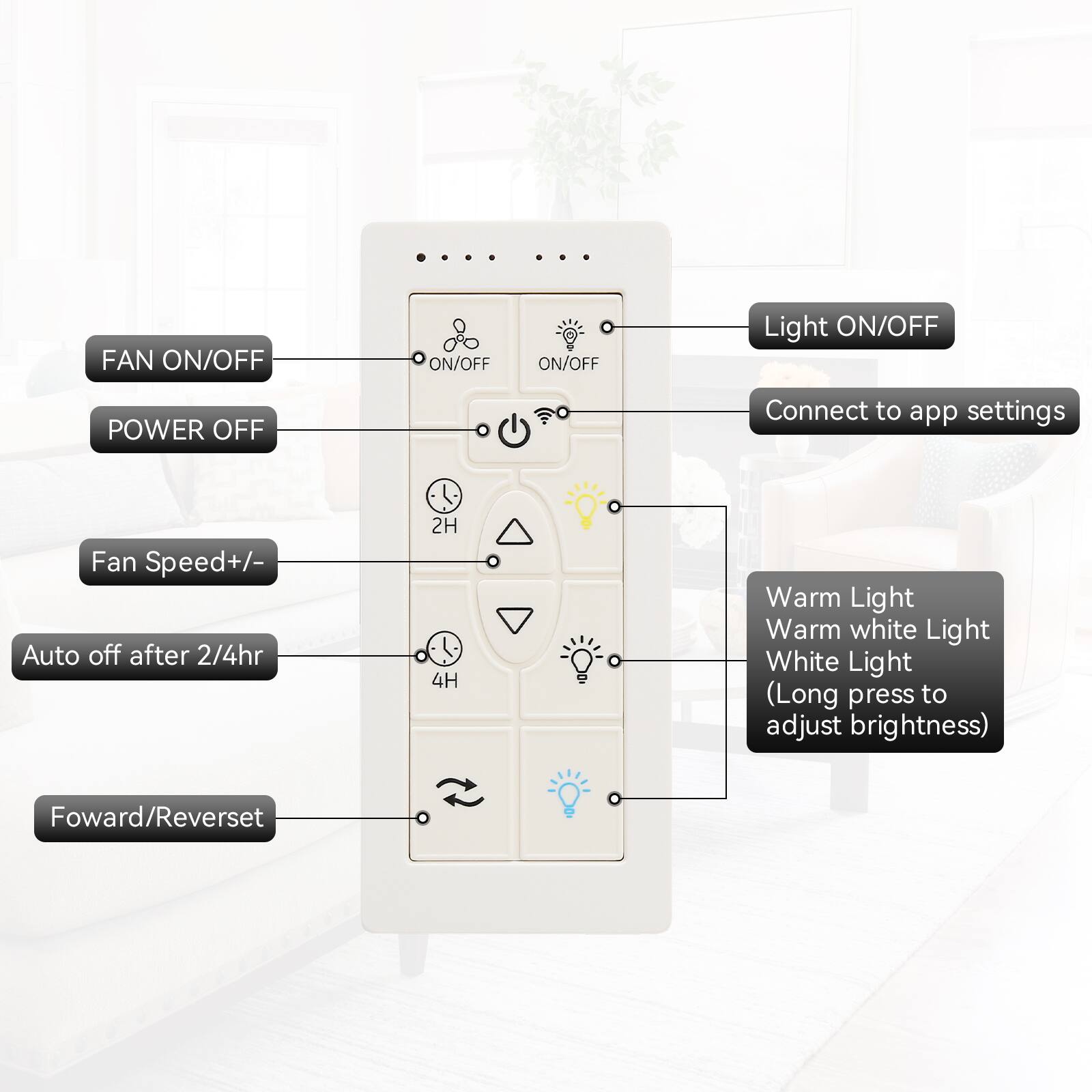 - FAN ON/OFF
- POWER OFF
- Light ON/OFF
- Connect to app settings
- Fan Speed +/- 
- Auto off after 2/4hr
- Forward/Reverse
- Warm Light
- Warm white Light
- White Light (Long press to adjust brightness)