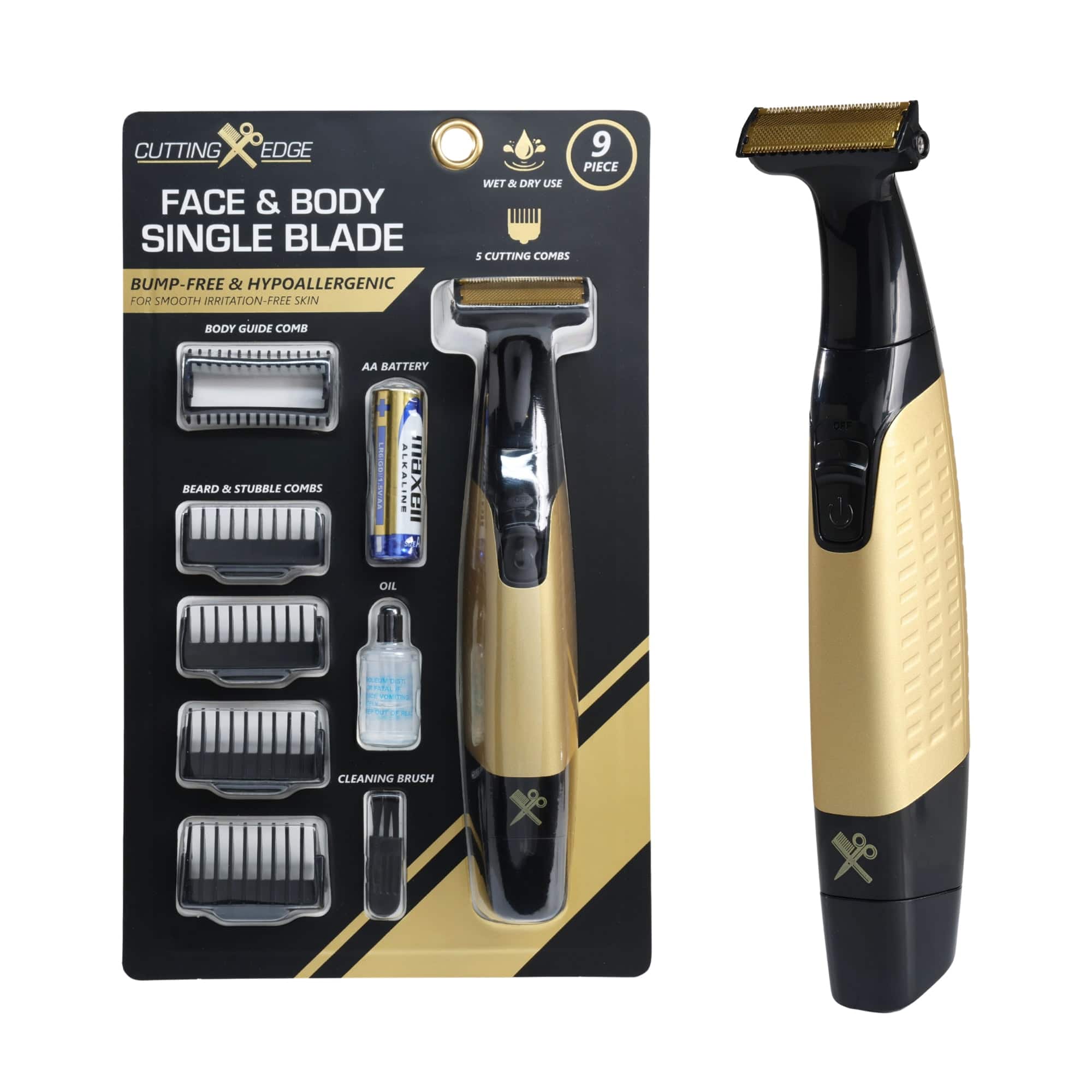 Cutting Edge - Single Blade Face & Body Shaver for Men w/ 5 Guide Combs, Wet/Dry Battery-Powered - Black
