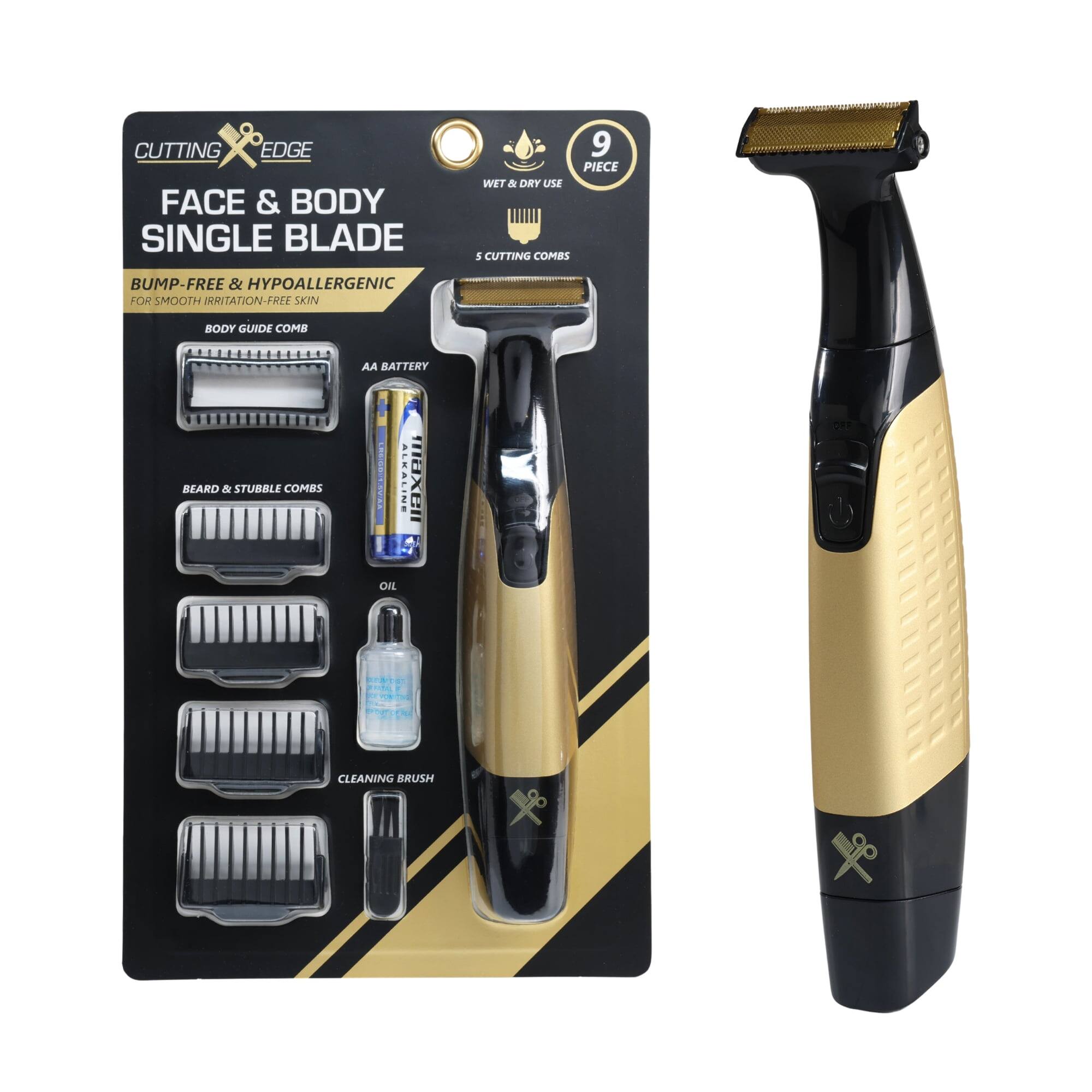 CUTTING EDGE FACE & BODY SINGLE BLADE 9 PIECE WET & DRY USE 5 CUTTING COMBS BUMP-FREE & HYPOALLERGENIC FOR SMOOTH IRRITATION-FREE SKIN BODY GUIDE COMB AA BATTERY BEARD & STUBBLE COMBS OIL CLEANING BRUSH