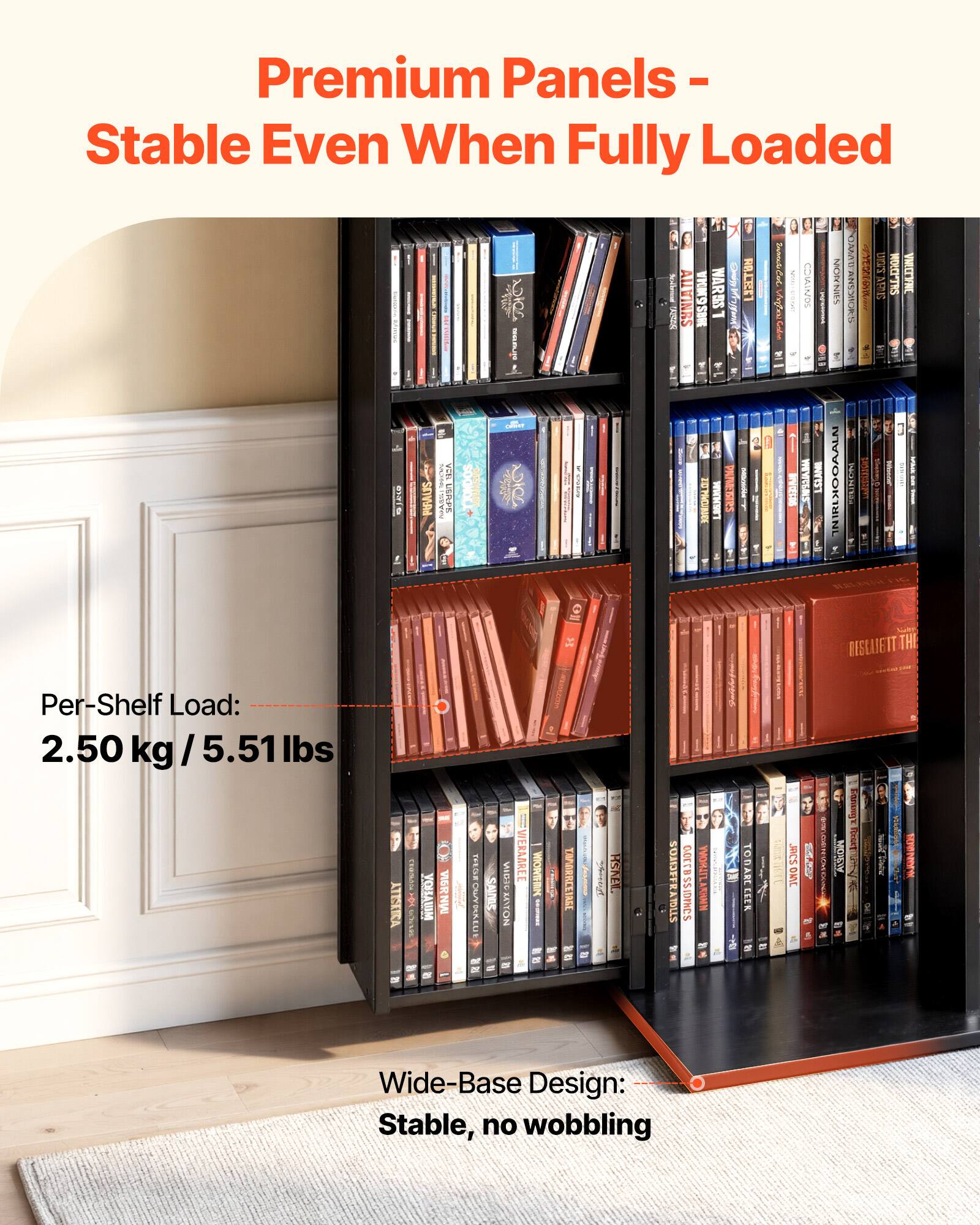 Premium Panels - Stable Even When Fully Loaded

Per-Shelf Load: 2.50 kg / 5.51 lbs

Wide-Base Design: Stable, no wobbling