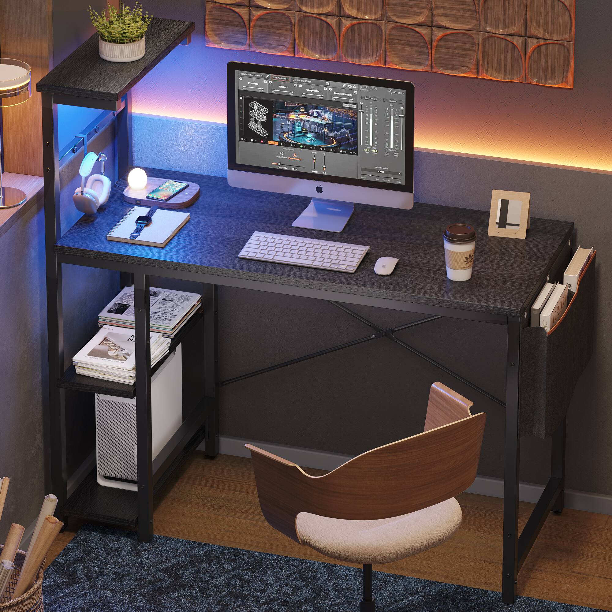 Alt View 4. Bestier - 44'' RGB Gaming Desk, PC Gaming Desk with Reversible Shelves & Side Storage, Gaming Computer Desk for Home Office - Black Grained.