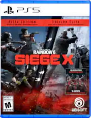 The corrected text is:
"PS5 ELITE EDITION INCLUDES ALL GAME MODES 16 ADDITIONAL OPERATORS EDITION ELITE INCLUT TOUS LES MODES DE JEUX 16 AGENTS SUPPLÉMENTAIRES OM CLANCY'S RAINBOW 6 SIEGE X 16 OPERATORS INSTANTLY UNLOCKED 16 AGENTS DÉBLOUS INSTANTANÉMENT MATURE 17+ JEUNES ADULTES 17+ M ESRB UBISOFT"